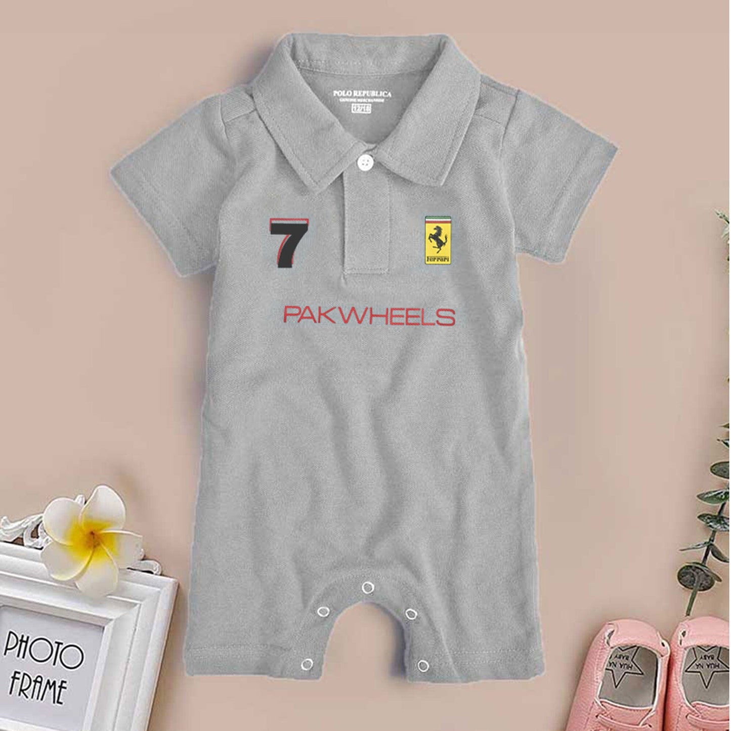 Polo Republica PakWheels Ferrari 7 Printed Short Sleeve Baby Romper Romper Polo Republica Steel Grey 0-3 Months