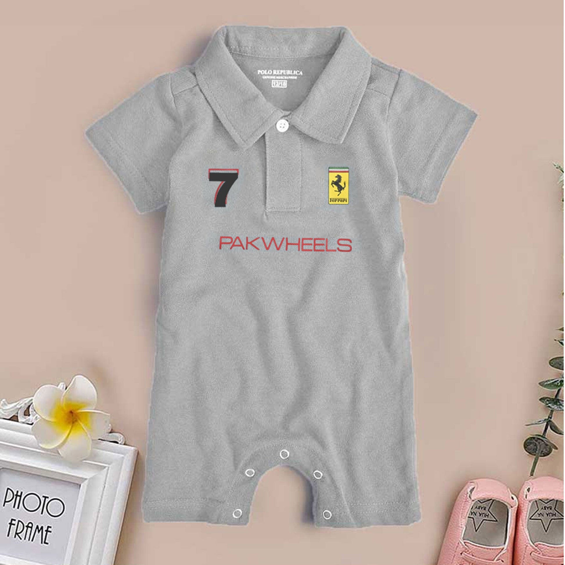 Polo Republica PakWheels Ferrari 7 Printed Short Sleeve Baby Romper Romper Polo Republica Steel Grey 0-3 Months