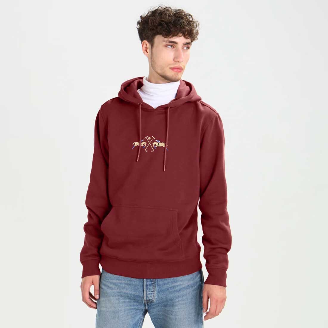 Polo Republica Men's Double Horse Embroidered Fleece Pullover Hoodie Men's Zipper Hoodie Polo Republica Maroon S