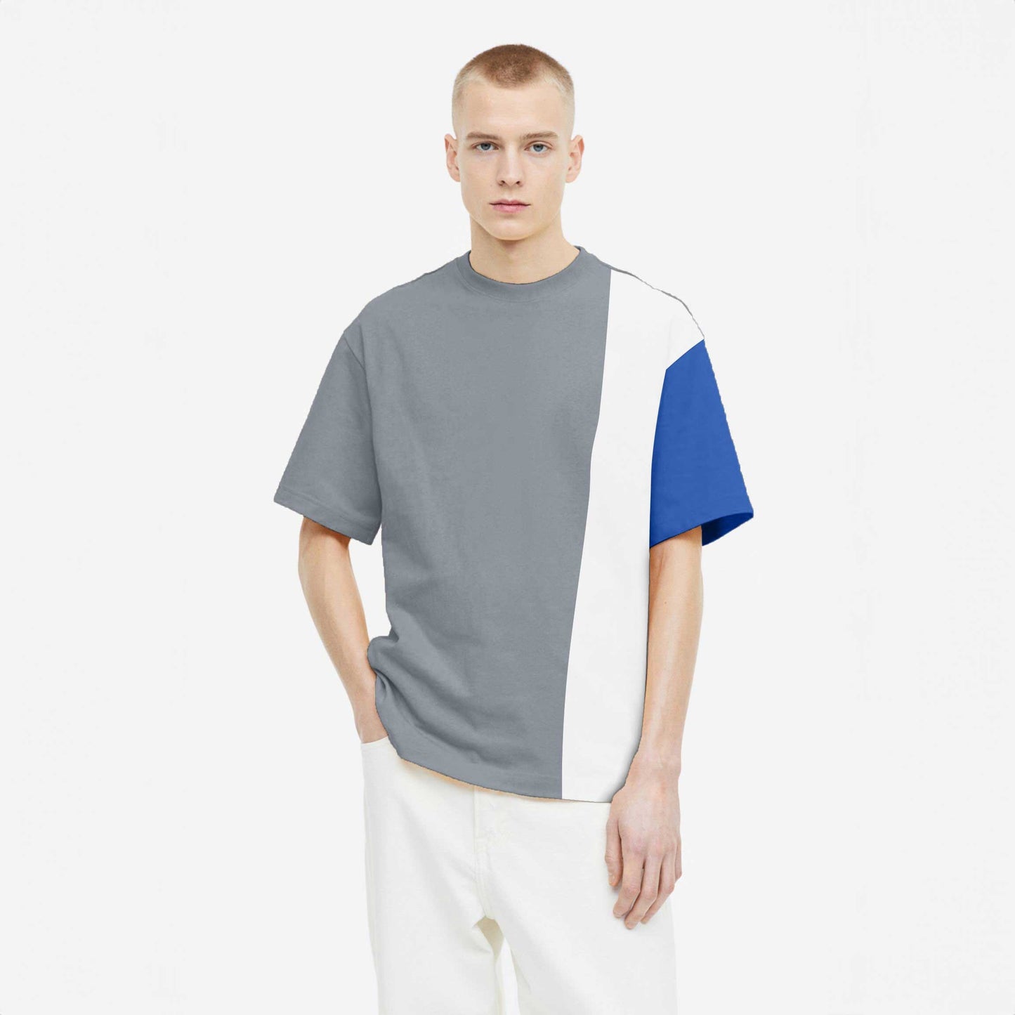 Polo Republica Men's Contrast Panel Oversized Crew Neck Tee Shirt Men's Tee Shirt Polo Republica Stone Grey & White S