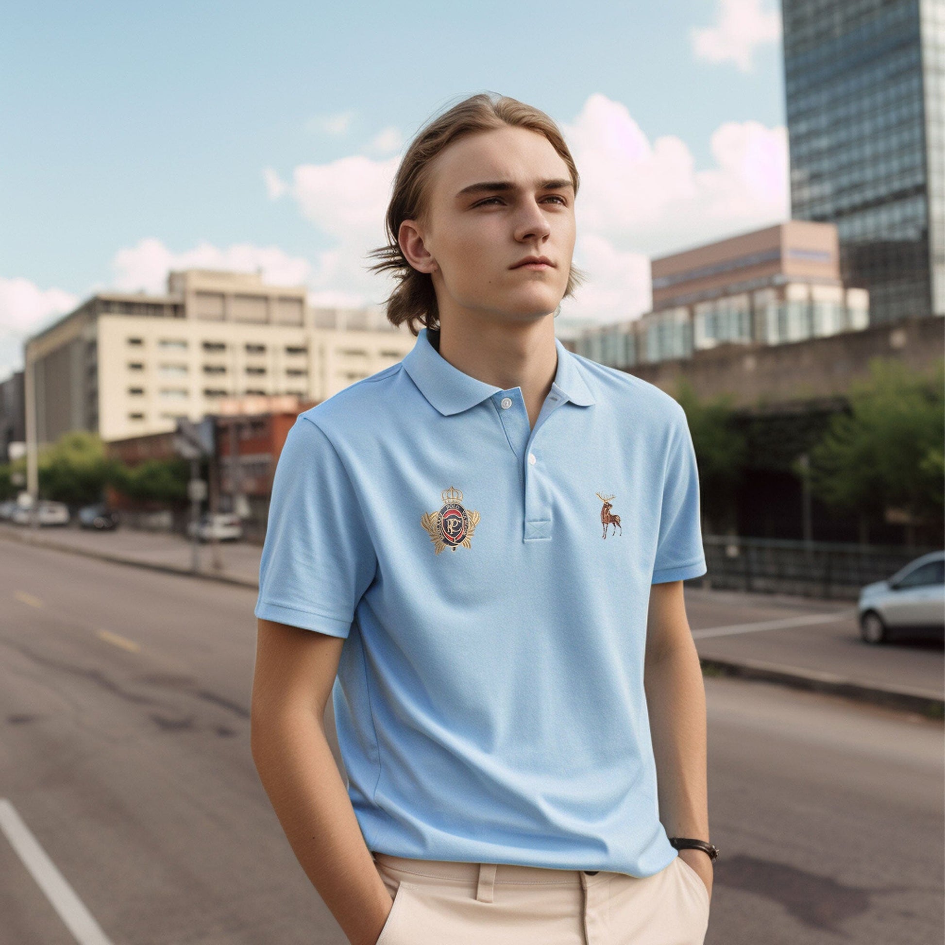 Polo Republica Men's Moose & PRC Crest Embroidered Short Sleeve Polo Shirt Men's Polo Shirt Polo Republica Sky S