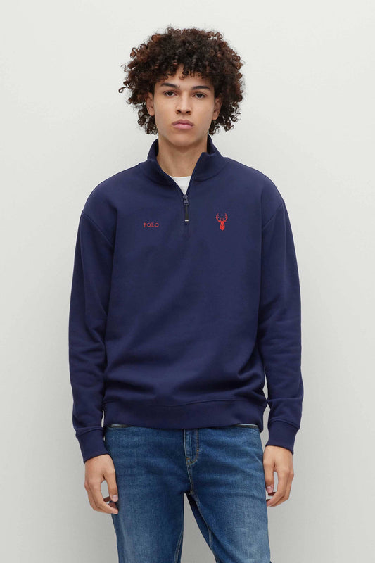 Polo Republica Men's Quarter Zipper Deer & Polo Embroidered Fleece Sweat Shirt Men's Sweat Shirt Polo Republica