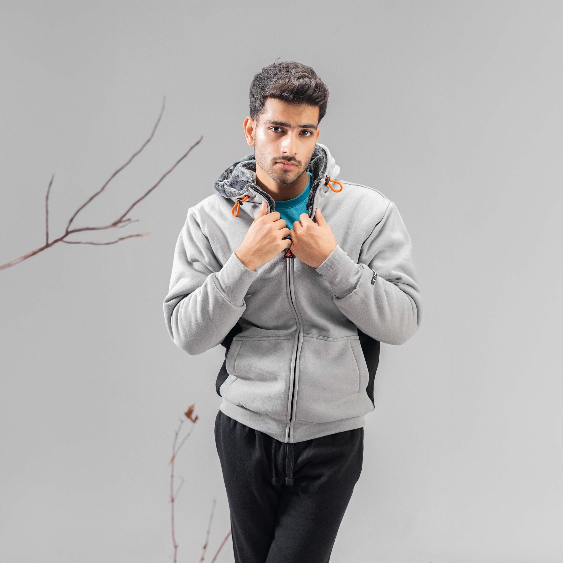 Axinite Unisex AX 96 Contrast Panel Fleece Zipper Hoodie Unisex Zipper Hoodie Image Stealth Grey & Black XS