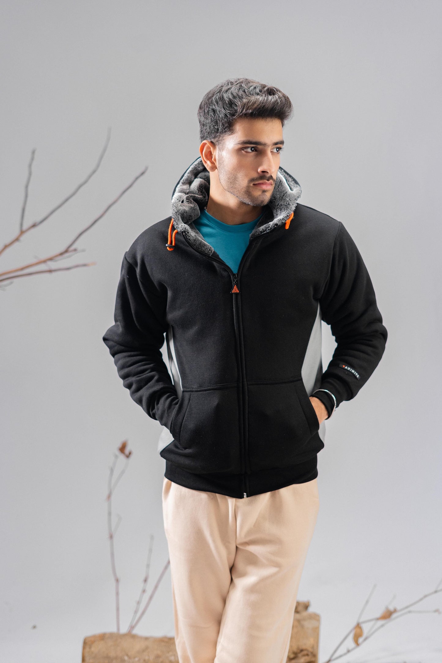 Axinite Unisex AX 96 Contrast Panel Fleece Zipper Hoodie Unisex Zipper Hoodie Image