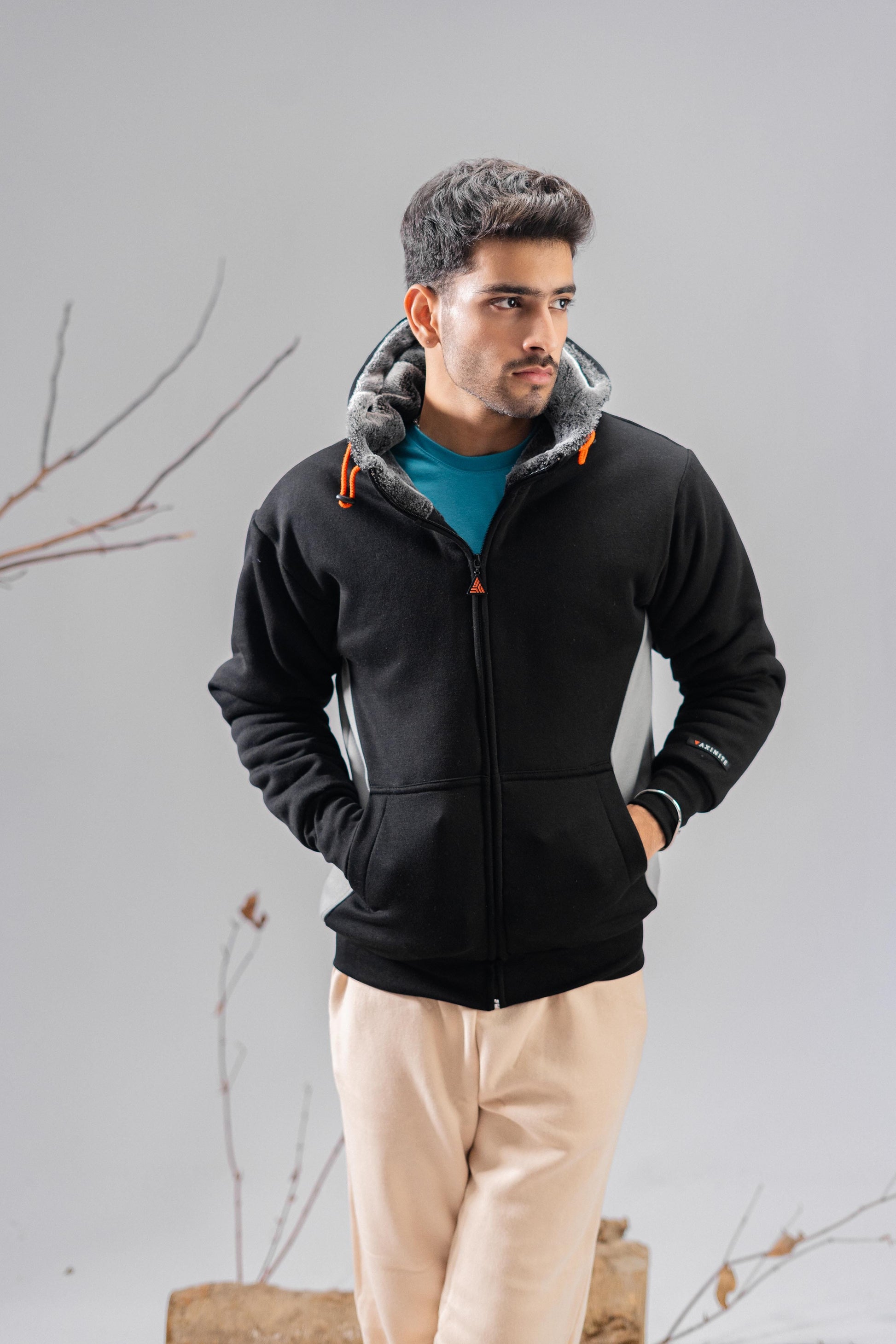 Axinite Unisex AX 96 Contrast Panel Fleece Zipper Hoodie Unisex Zipper Hoodie Image