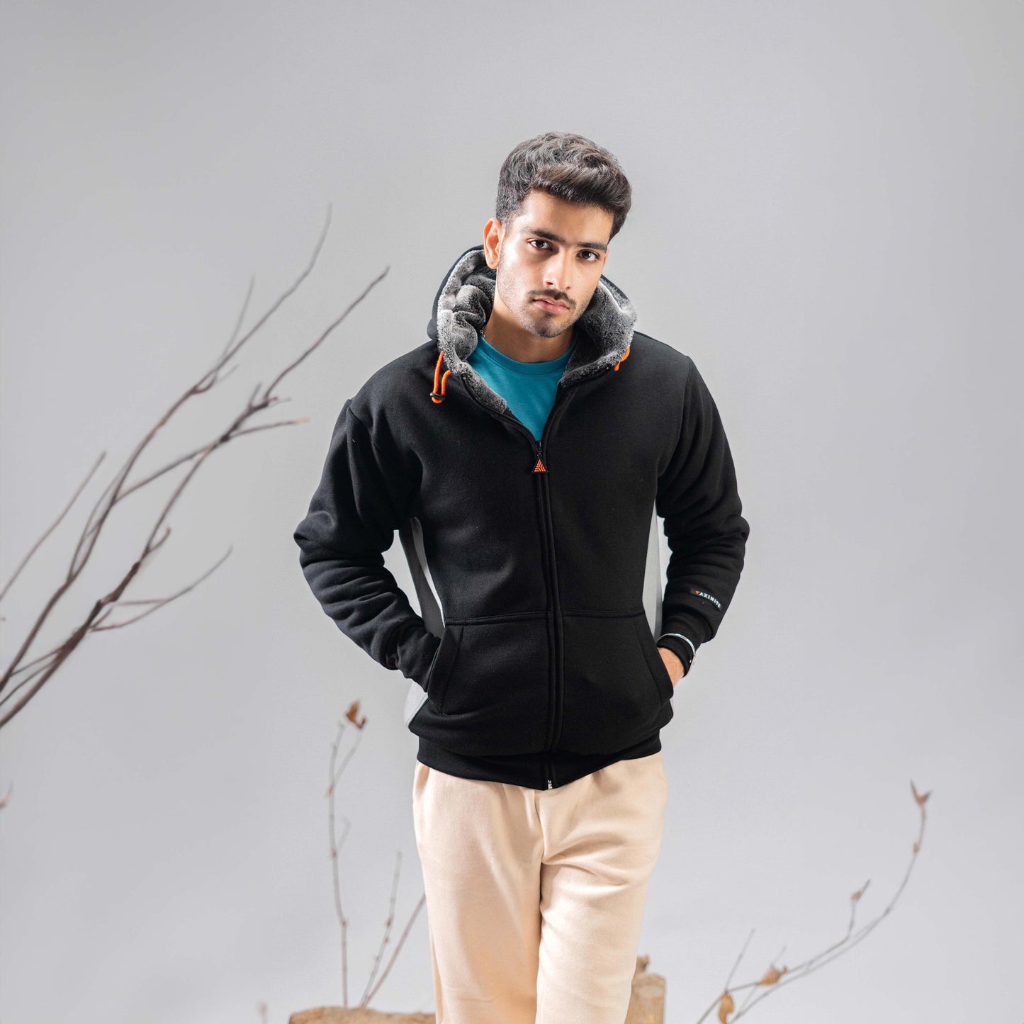 Axinite Unisex AX 96 Contrast Panel Fleece Zipper Hoodie Unisex Zipper Hoodie Image Black & Stealth Grey XS