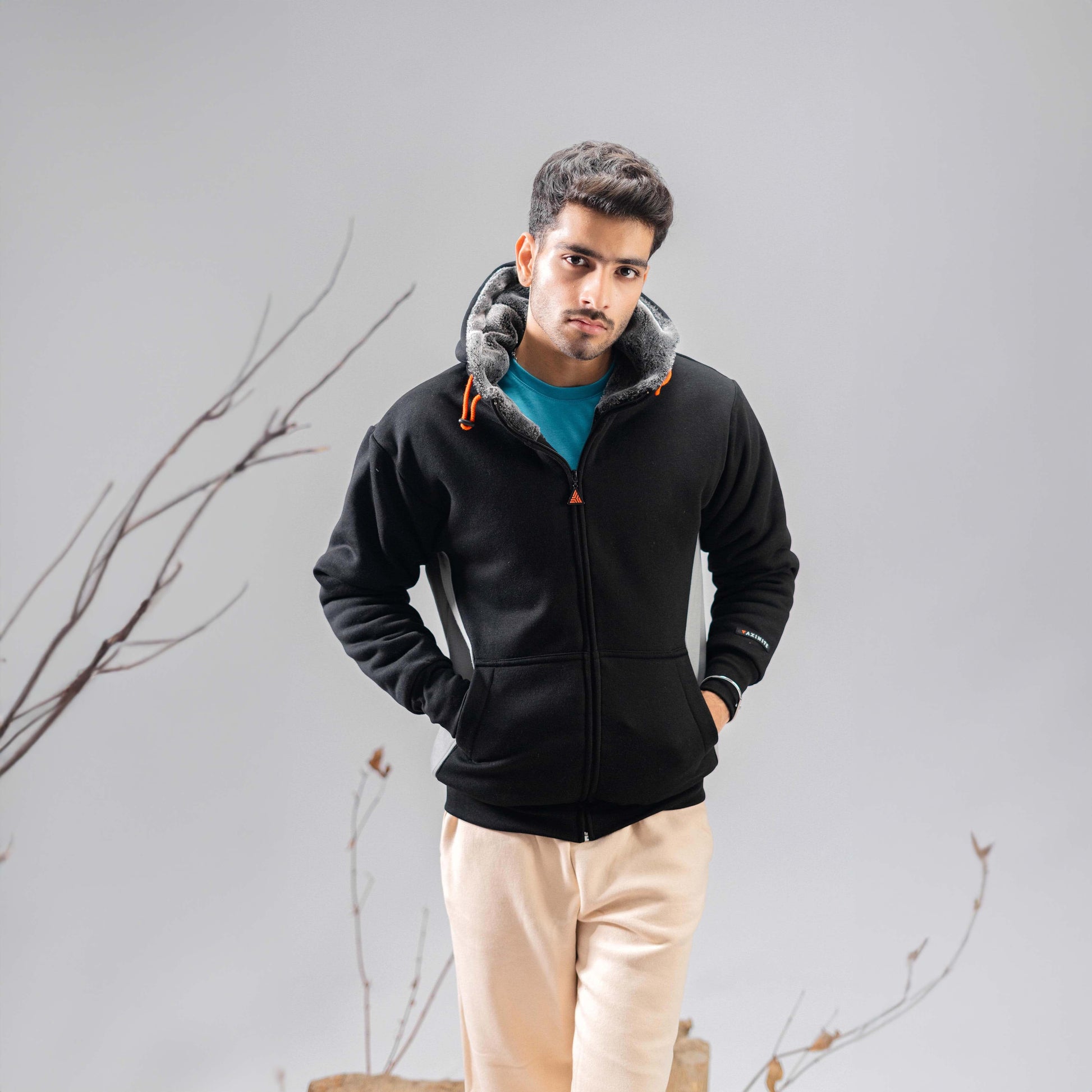 Axinite Unisex AX 96 Contrast Panel Fleece Zipper Hoodie Unisex Zipper Hoodie Image Black & Stealth Grey XS