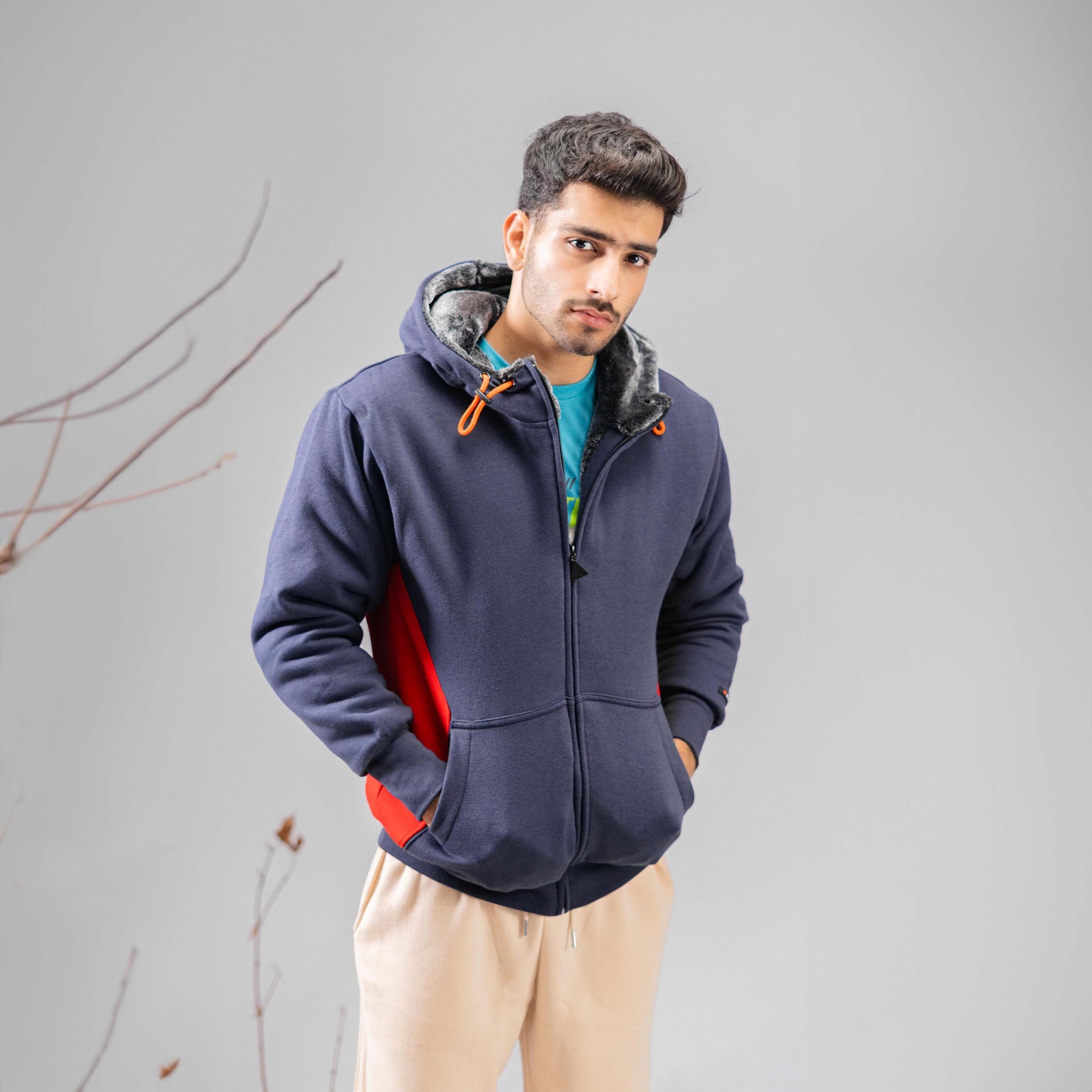 Axinite Unisex AX 96 Contrast Panel Fleece Zipper Hoodie Unisex Zipper Hoodie Image Navy & Red XS