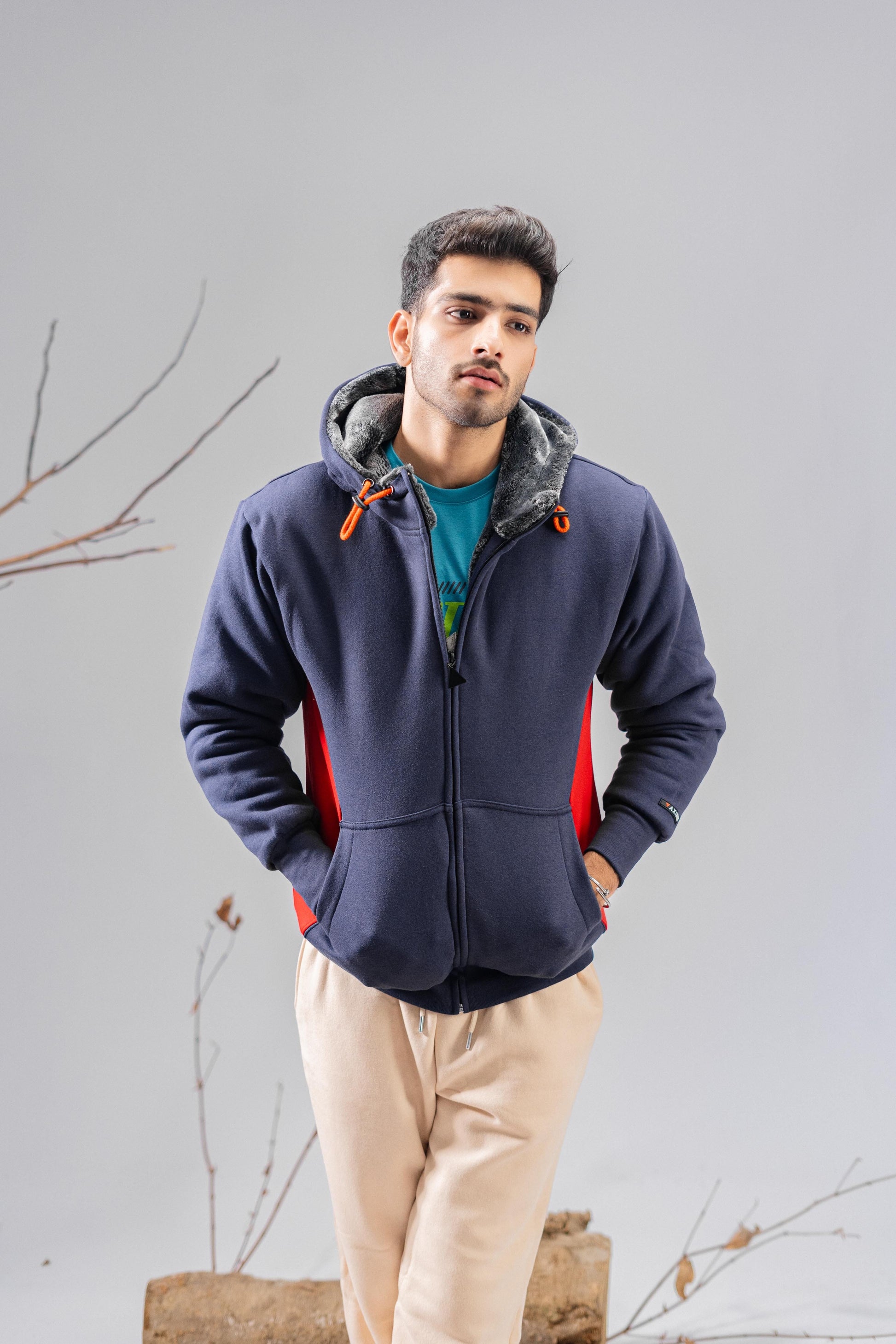 Axinite Unisex AX 96 Contrast Panel Fleece Zipper Hoodie Unisex Zipper Hoodie Image