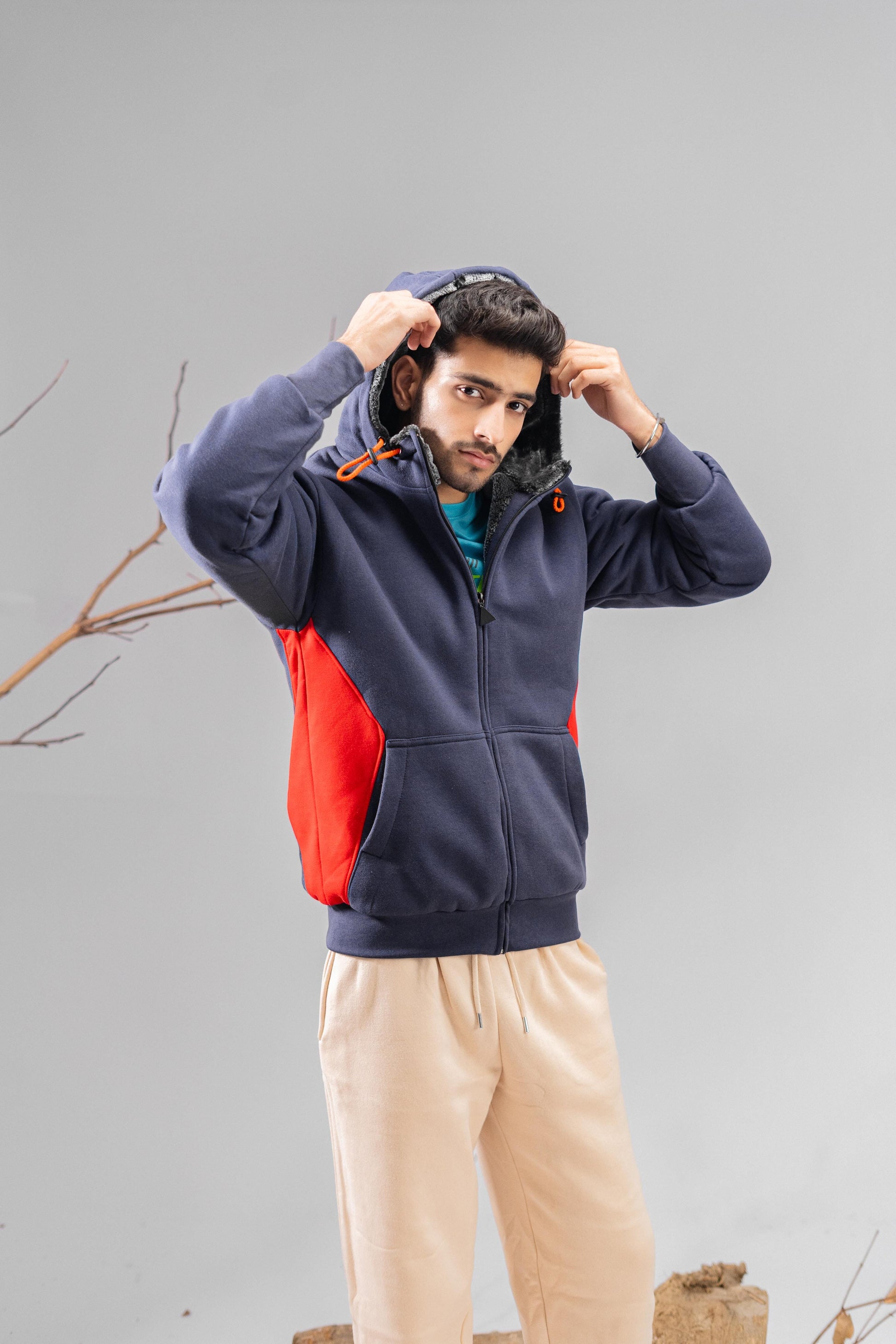 Axinite Unisex AX 96 Contrast Panel Fleece Zipper Hoodie Unisex Zipper Hoodie Image