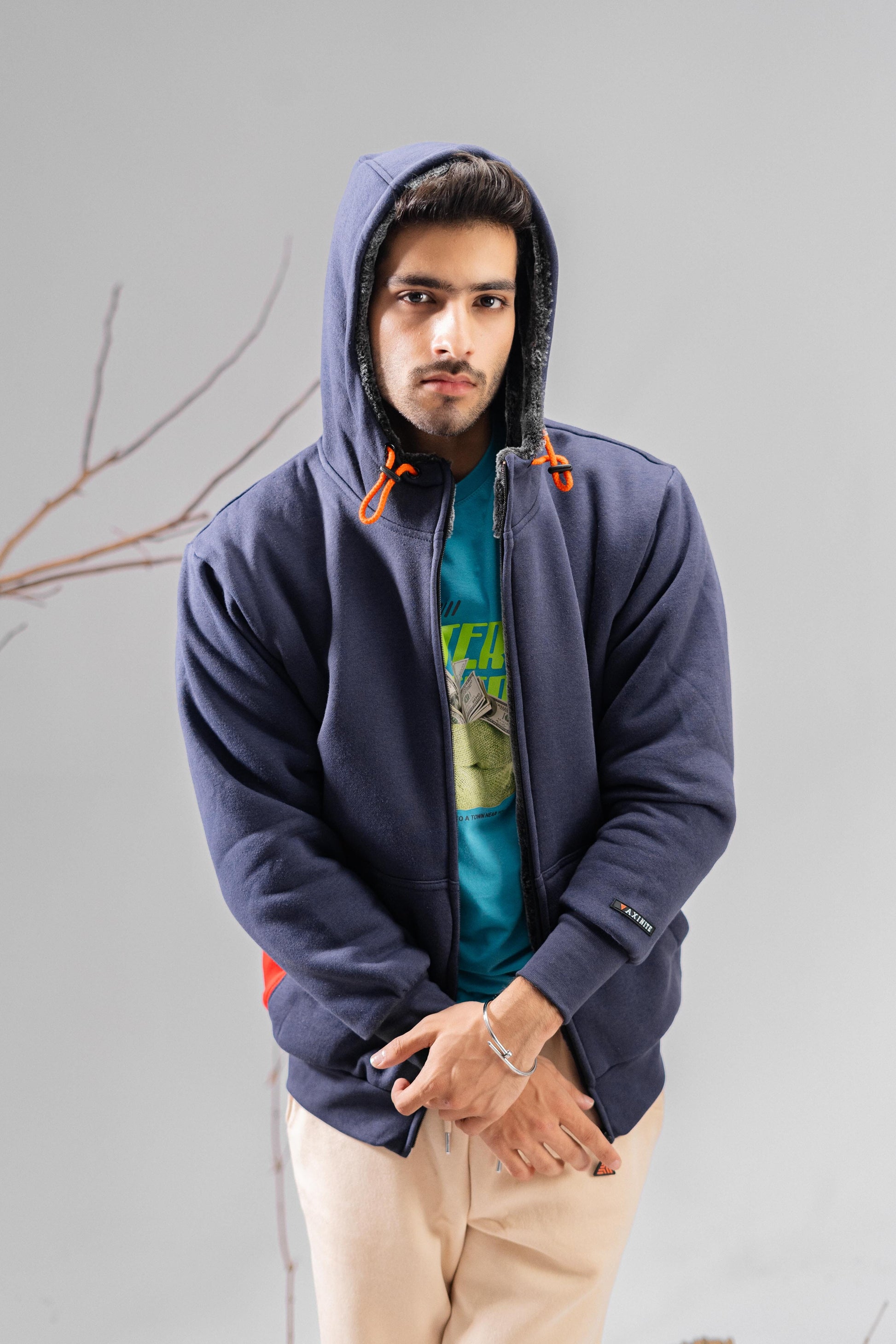 Axinite Unisex AX 96 Contrast Panel Fleece Zipper Hoodie Unisex Zipper Hoodie Image