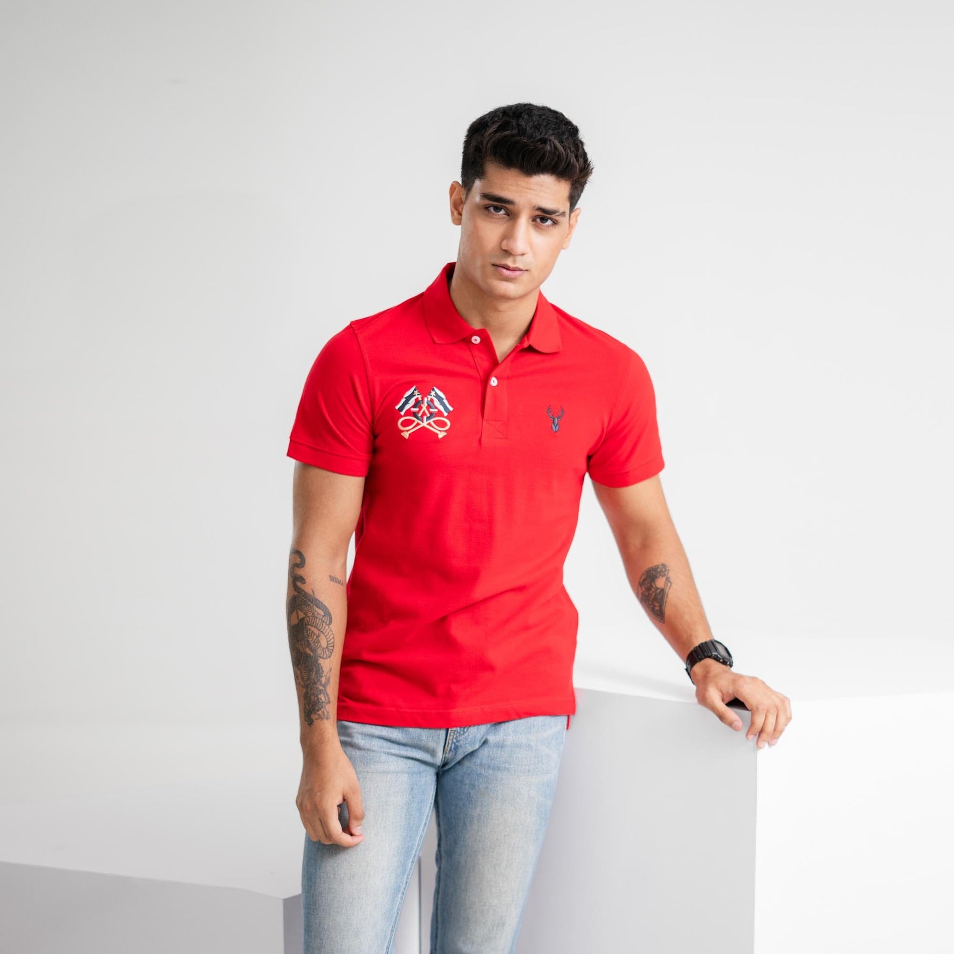 Polo Republica Men's Deer & Double Flag Embroidered Short Sleeve Polo Shirt Men's Polo Shirt Polo Republica Red S