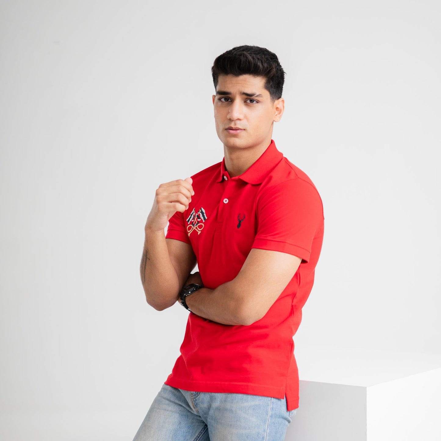 Polo Republica Men's Deer & Double Flag Embroidered Short Sleeve Polo Shirt Men's Polo Shirt Polo Republica