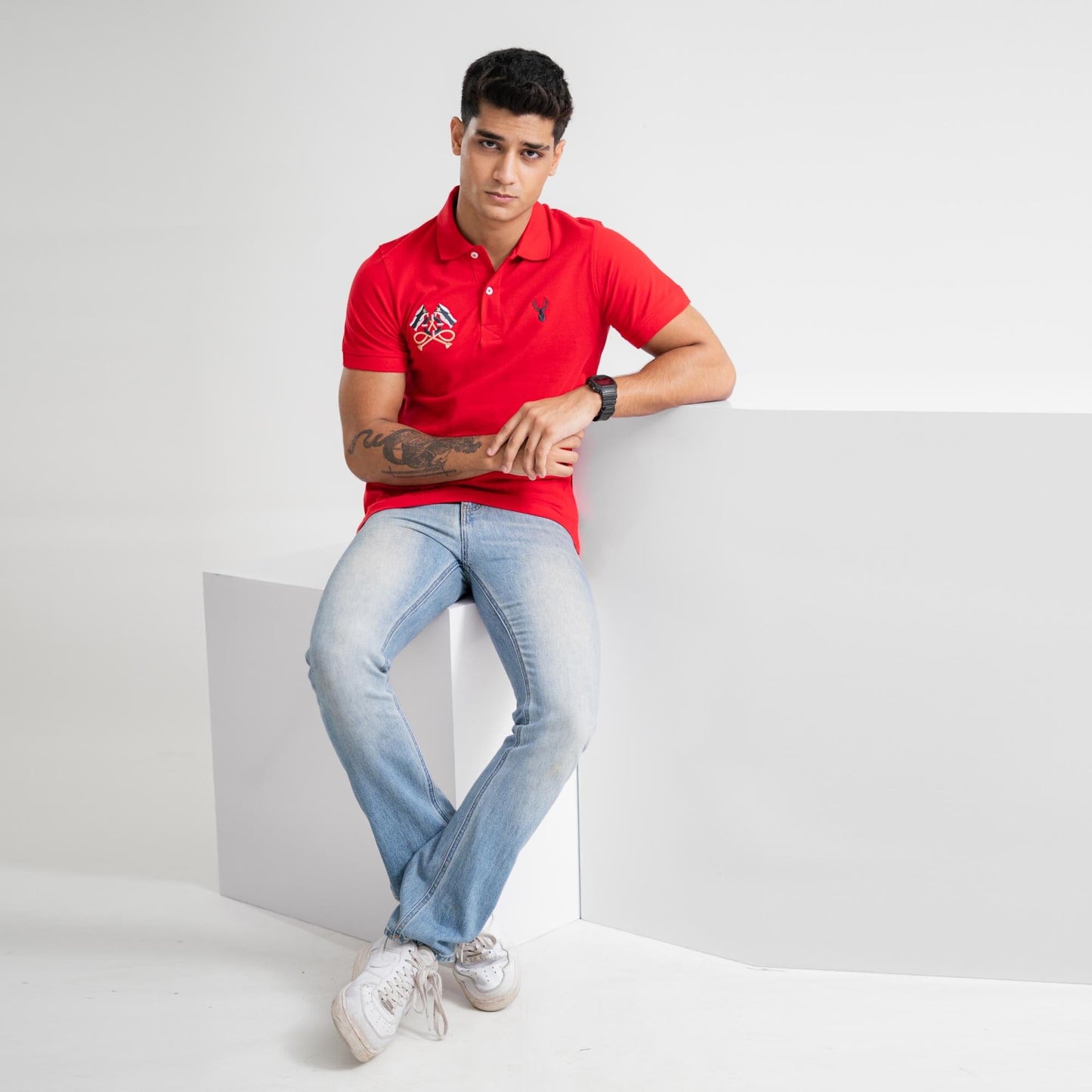 Polo Republica Men's Deer & Double Flag Embroidered Short Sleeve Polo Shirt Men's Polo Shirt Polo Republica