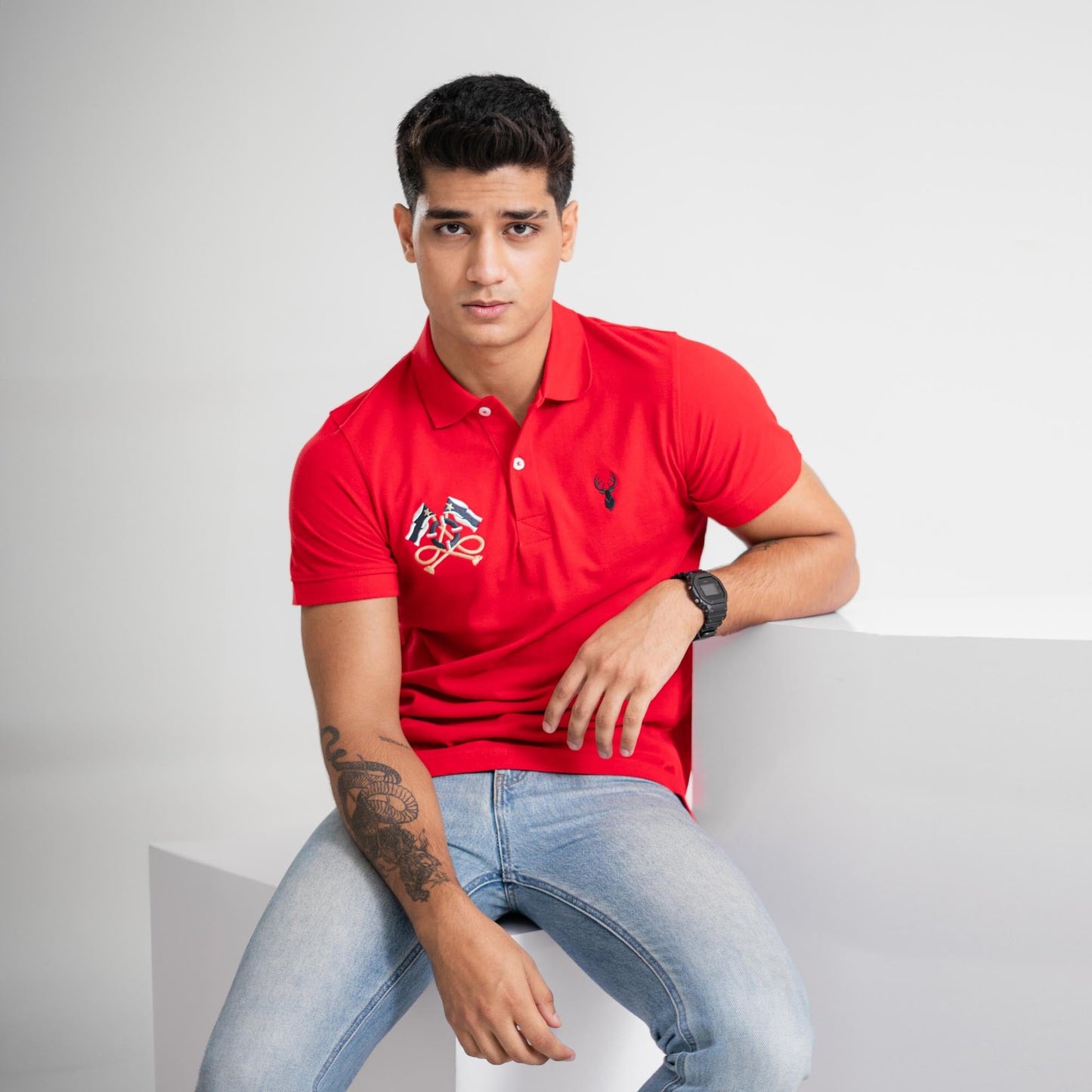 Polo Republica Men's Deer & Double Flag Embroidered Short Sleeve Polo Shirt Men's Polo Shirt Polo Republica