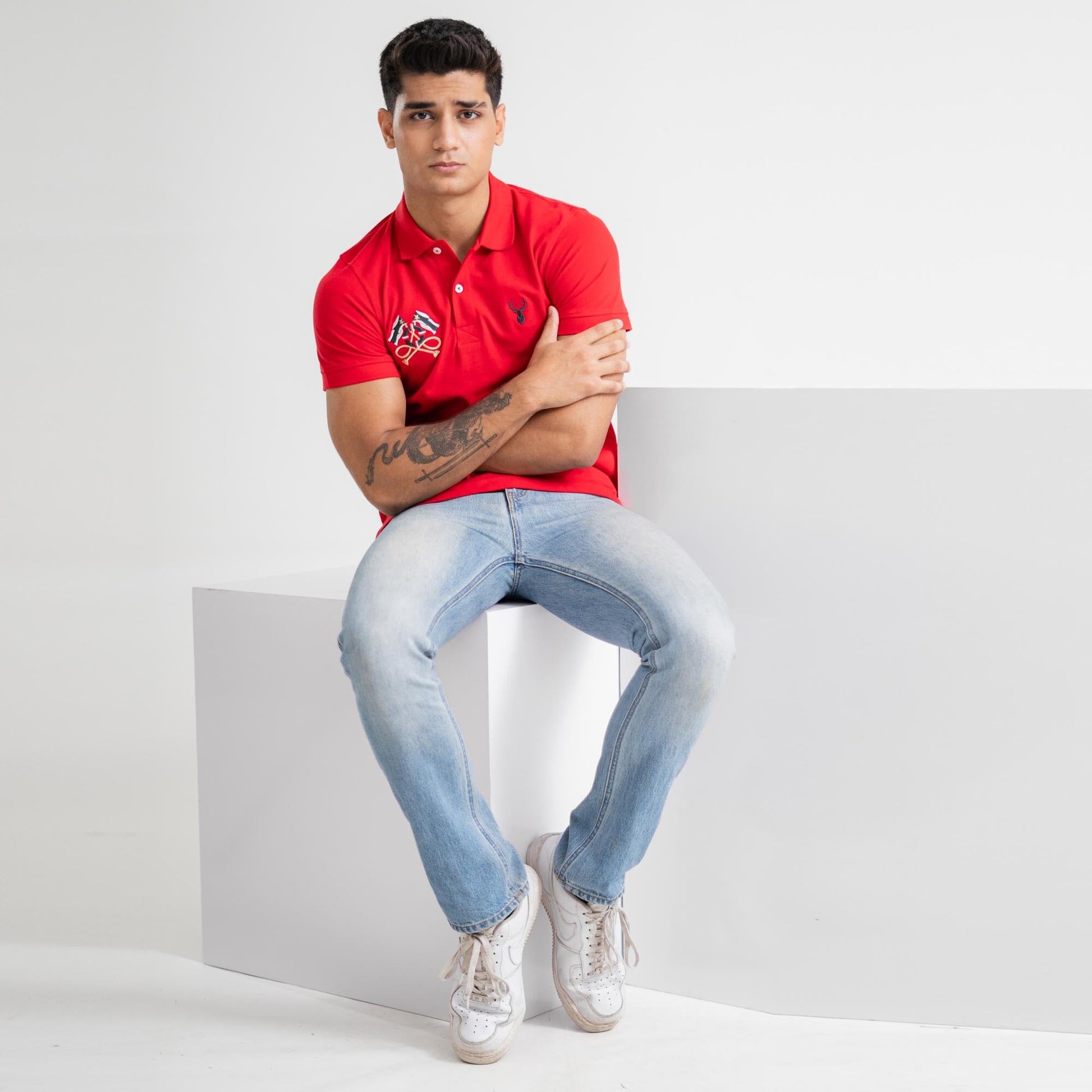 Polo Republica Men's Deer & Double Flag Embroidered Short Sleeve Polo Shirt Men's Polo Shirt Polo Republica