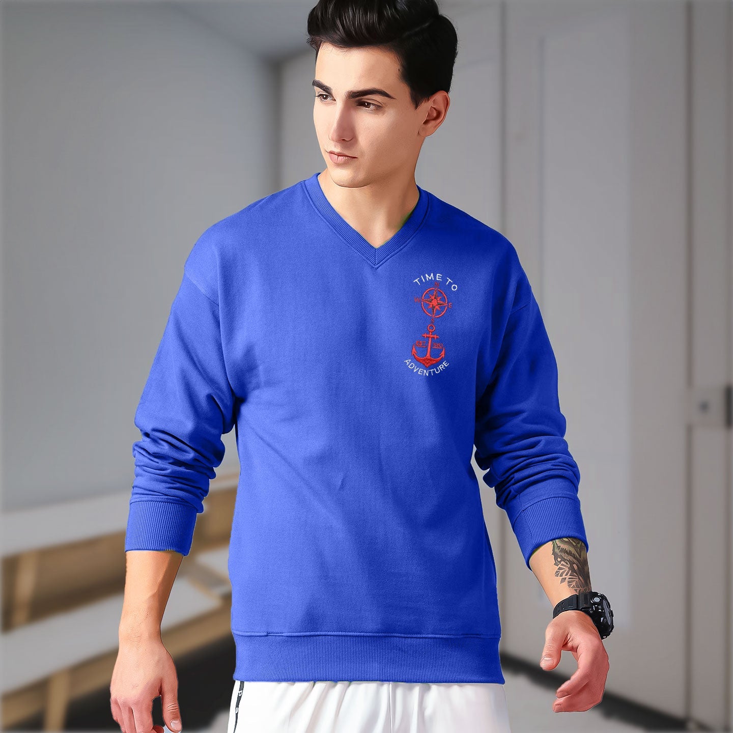 Polo Republica Men's Time To Adventure Embroidered V-Neck Sweat Shirt