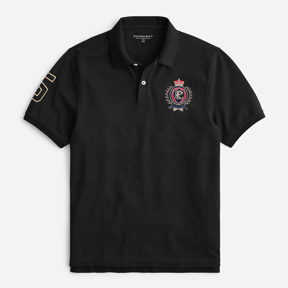 Polo Republica Men's PRC Crest & 5 Embroidered Short Sleeve Polo Shirt Men's Polo Shirt Polo Republica Black S