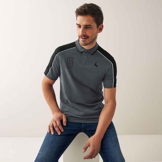 Polo Republica Men's Deer & 8 Embroidered Contrast Panels Polo Shirt Men's Polo Shirt Polo Republica Slate Grey & Black S