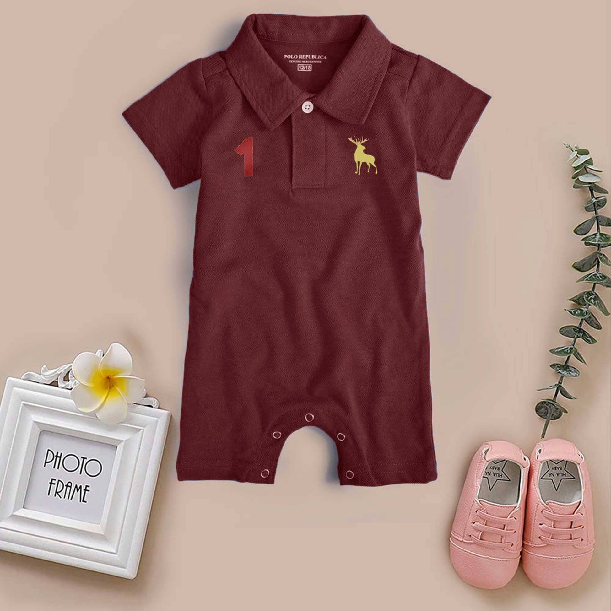 Polo Republica Moose-1 Printed Design Short Sleeve Baby Romper Romper Polo Republica Maroon 0-3 Months