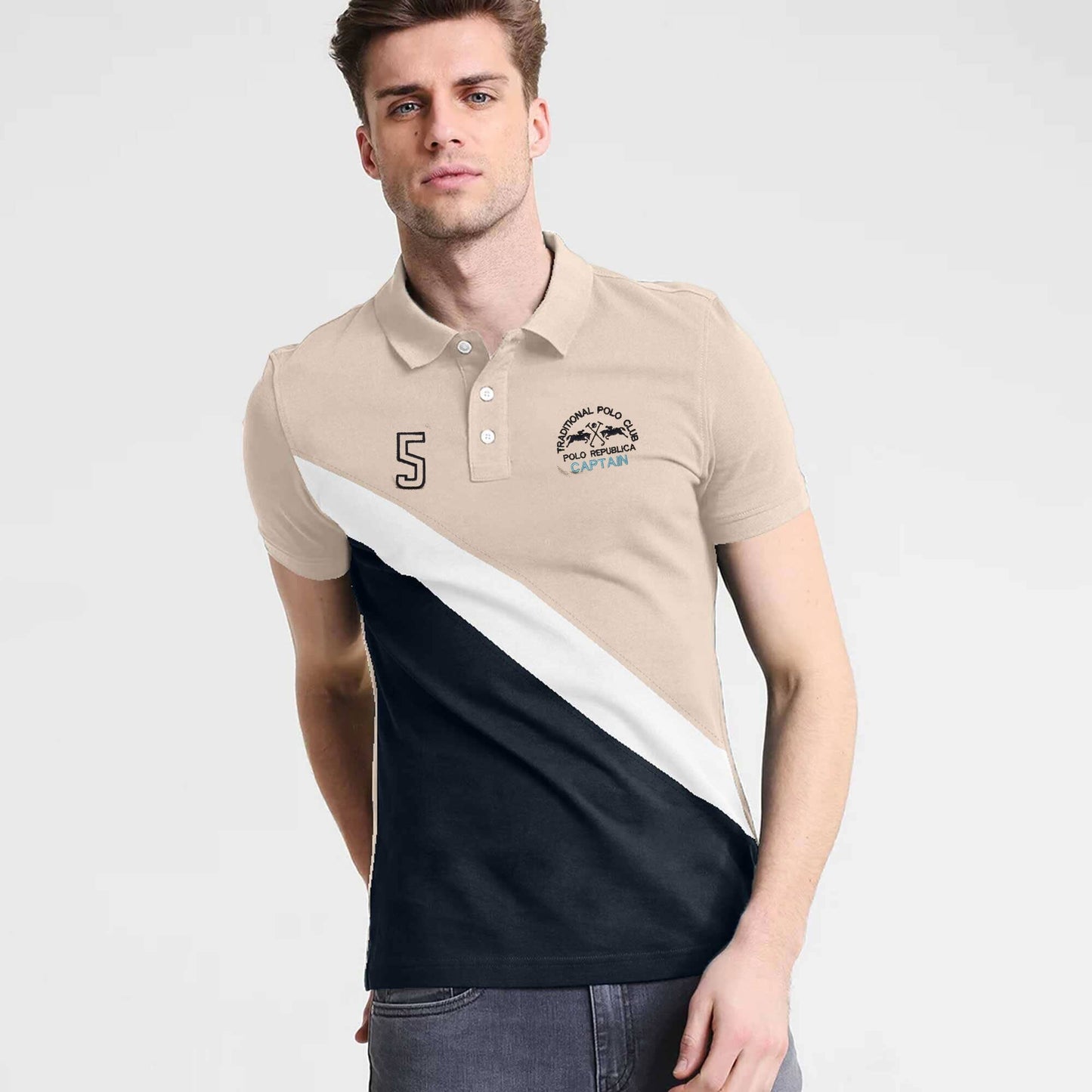 Polo Republica Men's Captain 5 Embroidered Contrast Panels Style Polo Shirt Men's Polo Shirt Polo Republica Skin & Navy S