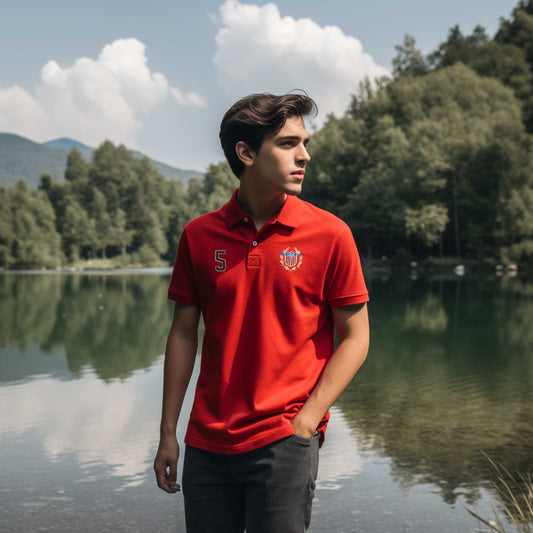 Polo Republica Men's USA Crest & 5 Embroidered Short Sleeve Polo Shirt Men's Polo Shirt Polo Republica Red S