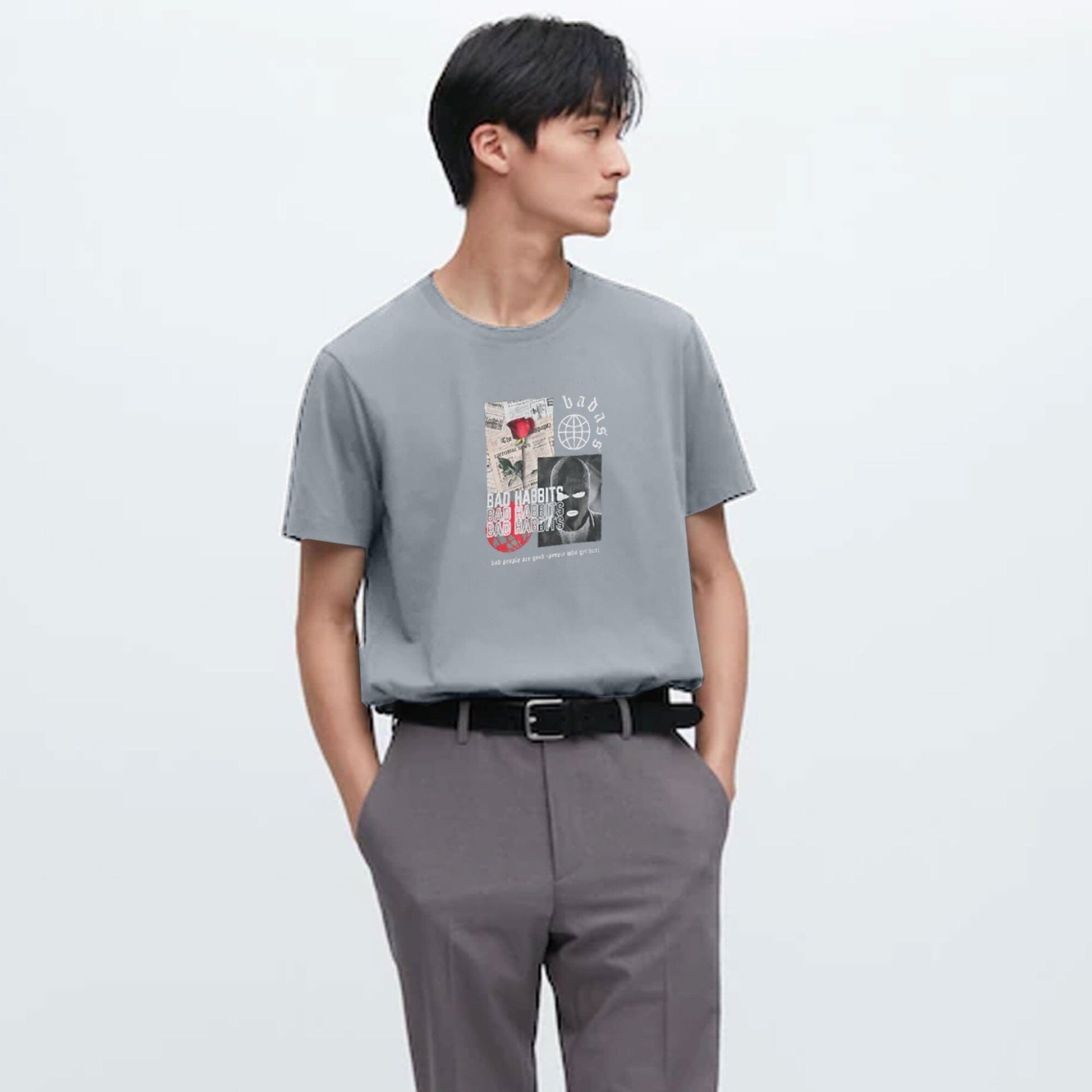 Polo Republica Men's Bad Habits Printed Crew Neck Tee Shirt Men's Tee Shirt Polo Republica Grey S