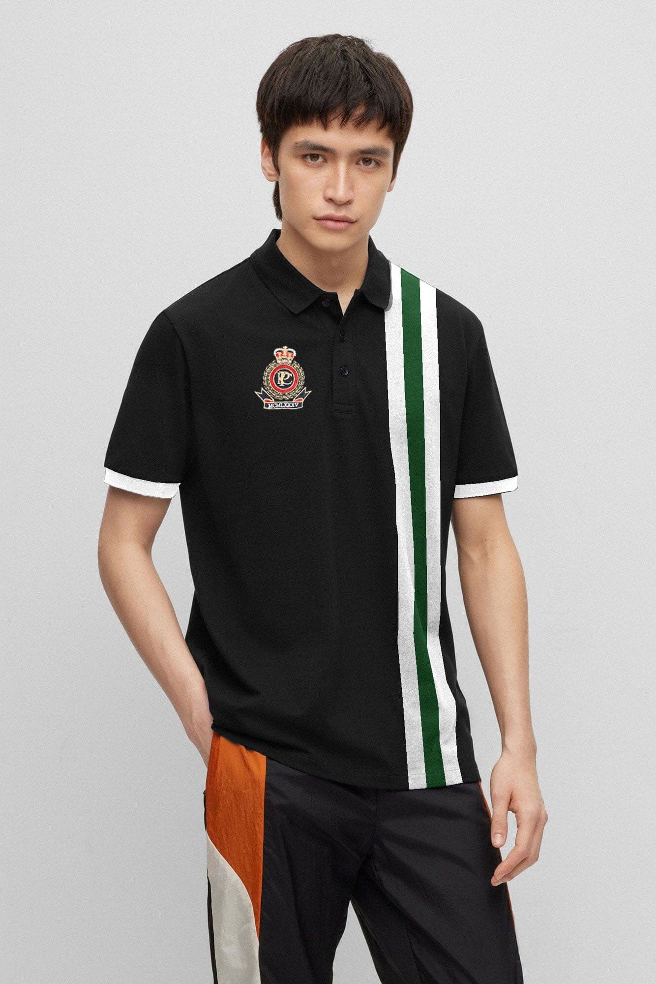 Polo Republica Men's Crest Embroidered Contrast Stripe Panel Polo Shirt Men's Polo Shirt Polo Republica Black & Bottle Green S
