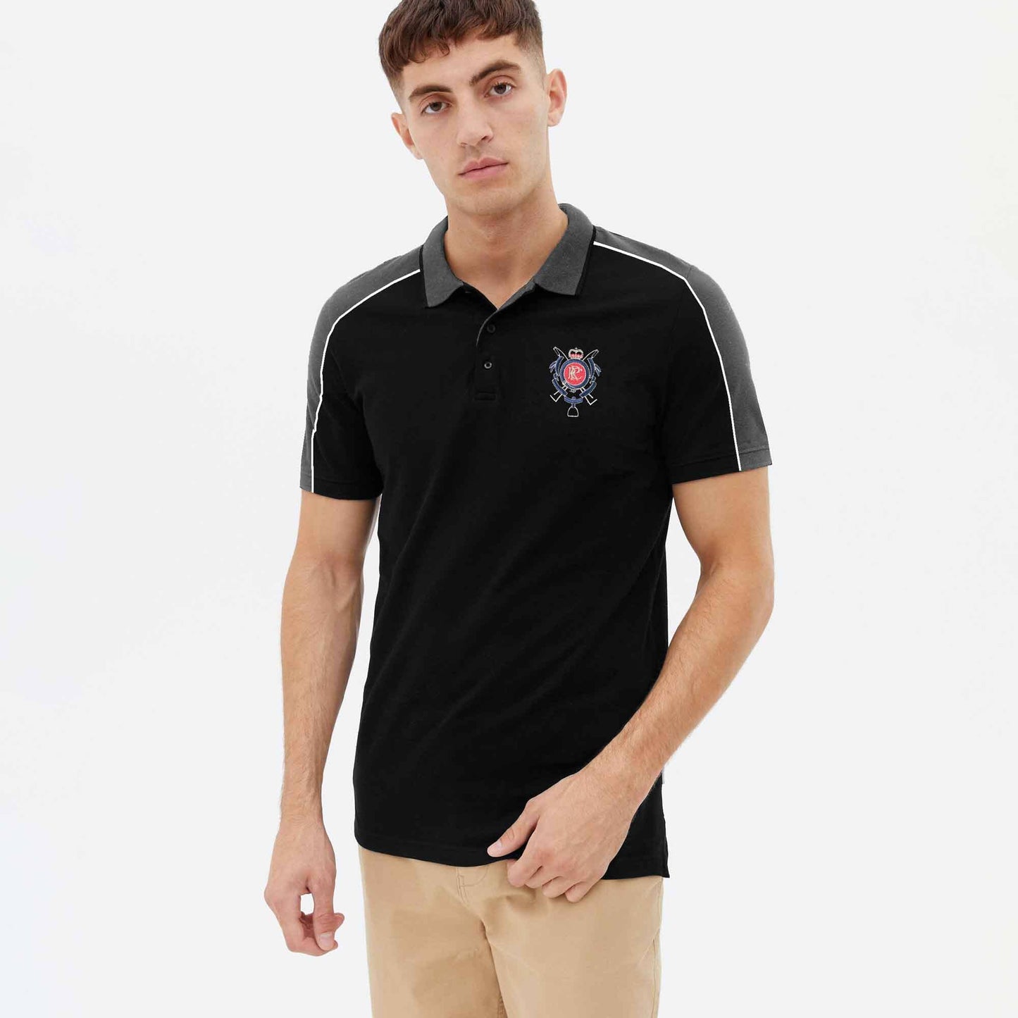 Polo Republica Men's PRC Crest Embroidered Contrast Panels Polo Shirt Men's Polo Shirt Polo Republica Black & Slate Grey S