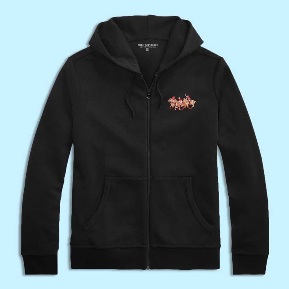 Polo Republica Men's Triple Pony Embroidered Terry Zipper Hoodie Men's Zipper Hoodie Polo Republica Black S