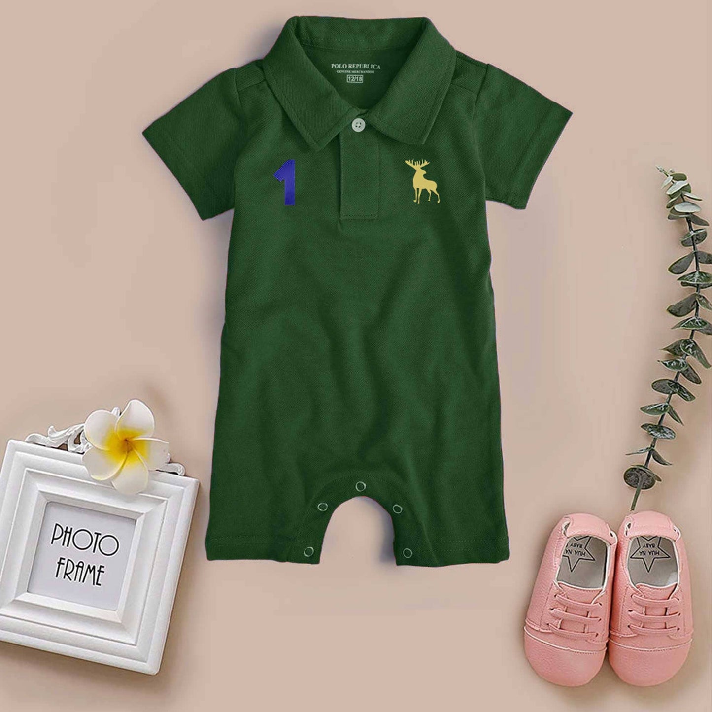 Polo Republica Moose-1 Printed Design Short Sleeve Baby Romper Romper Polo Republica Bottle Green 0-3 Months