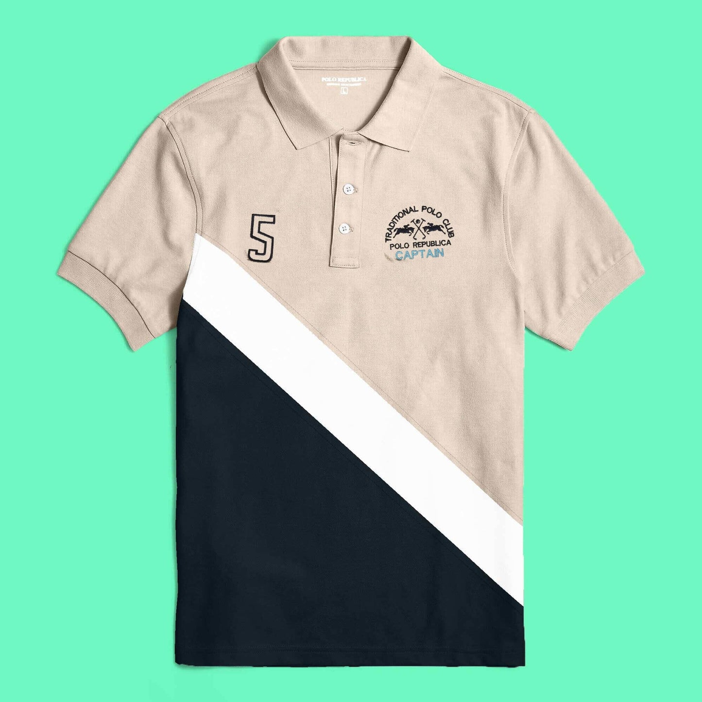 Polo Republica Men's Captain 5 Embroidered Contrast Panels Style Polo Shirt Men's Polo Shirt Polo Republica