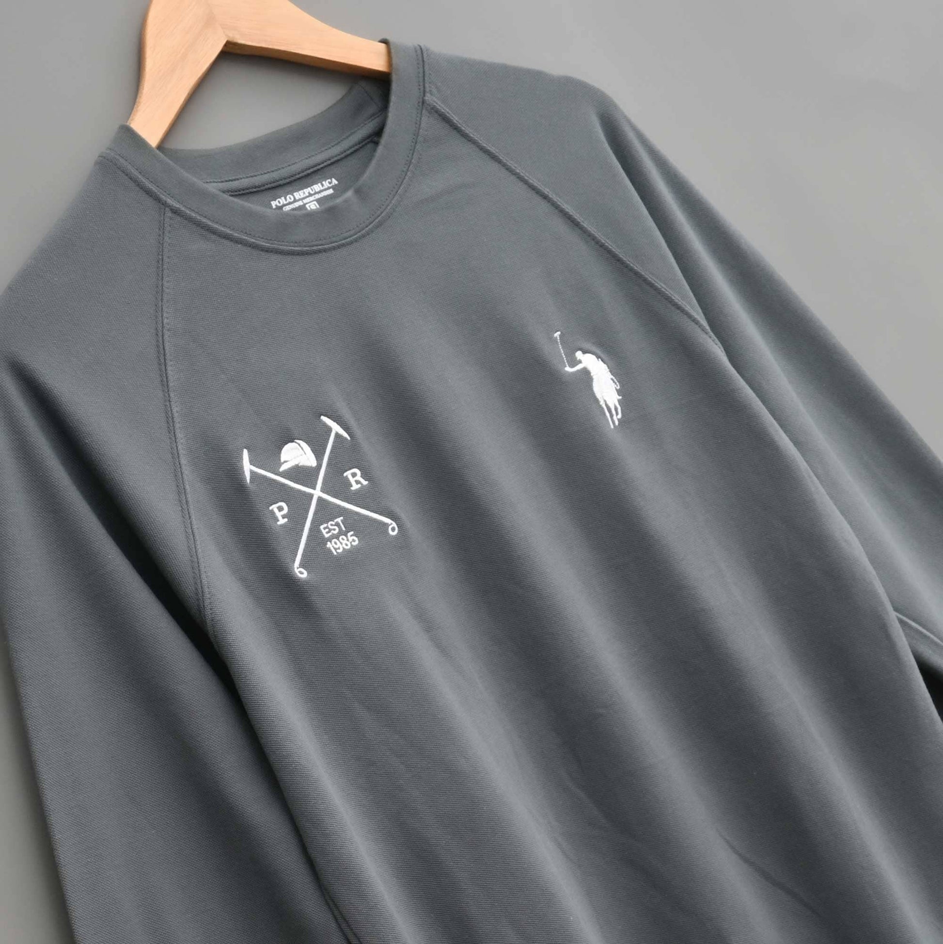 Polo Republica Men's Pony & Mallets Embroidered Raglan Long Sleeve Pique Tee Shirt Men's Tee Shirt Polo Republica