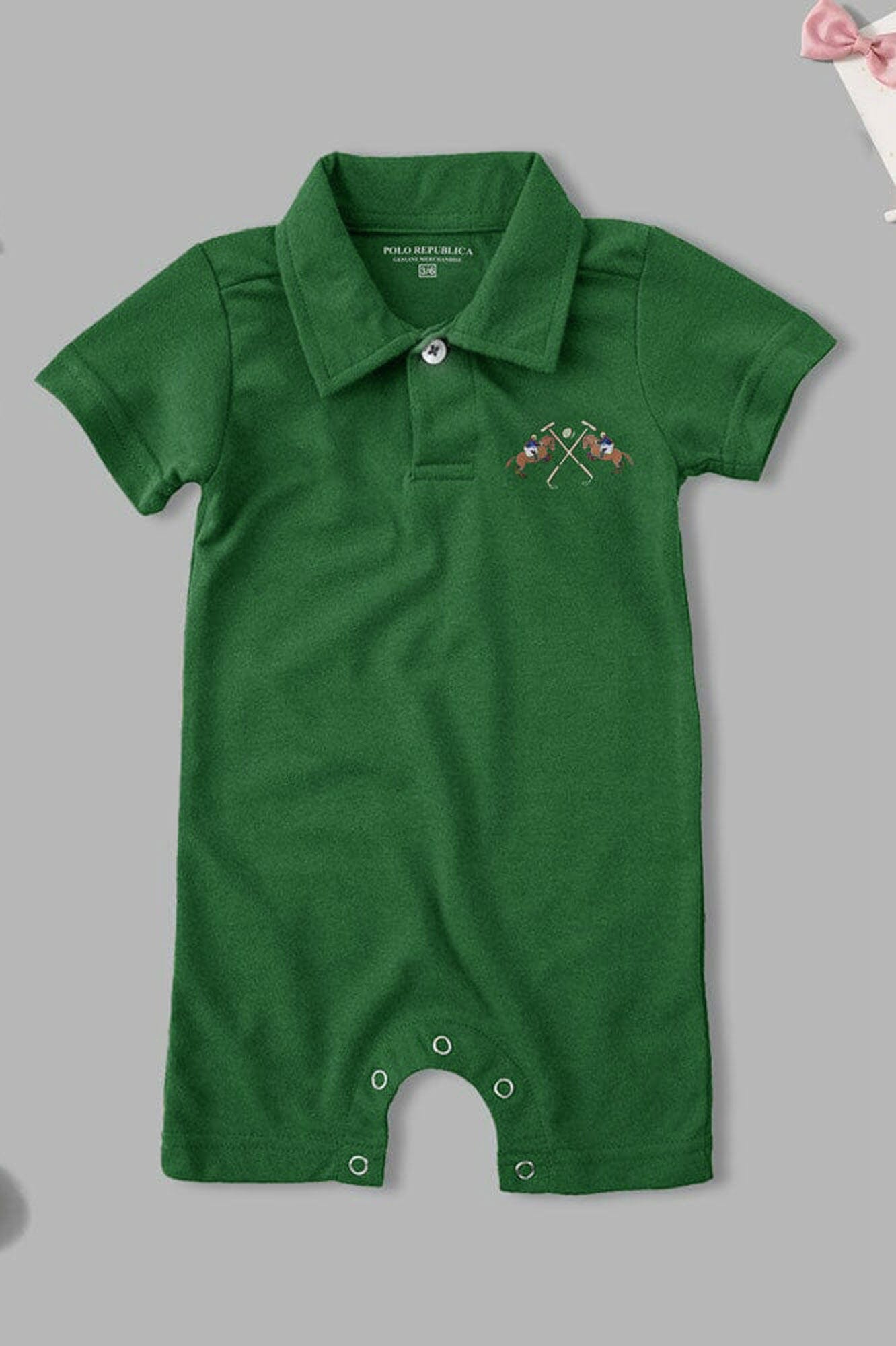 Polo Republica Double Pony Printed Design Short Sleeve Baby Romper Romper Polo Republica Bottle Green 0-3 Months