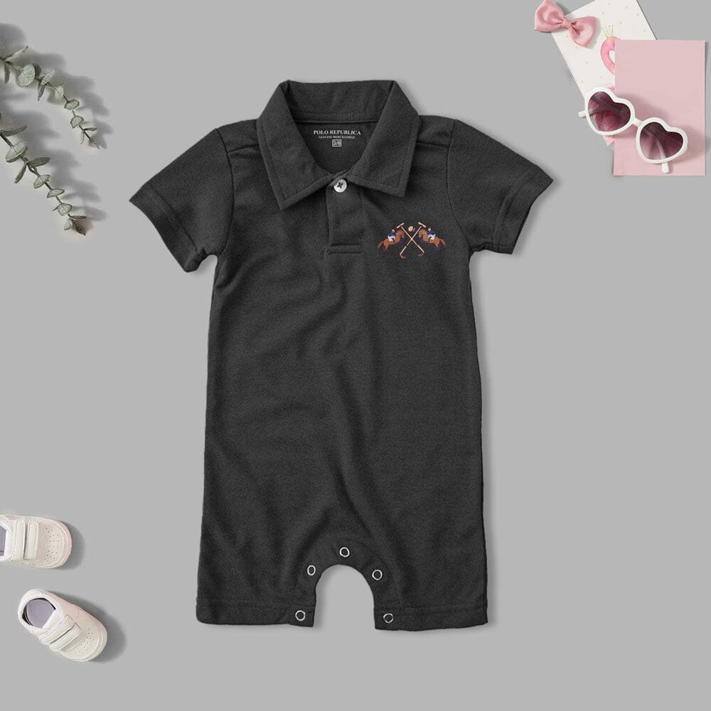 Polo Republica Double Pony Printed Design Short Sleeve Baby Romper Romper Polo Republica Charcoal 0-3 Months