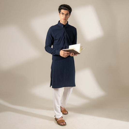 Polo Republica Knitted Pique Kurta with Button-Down Collars Men's Kurta Polo Republica Navy S
