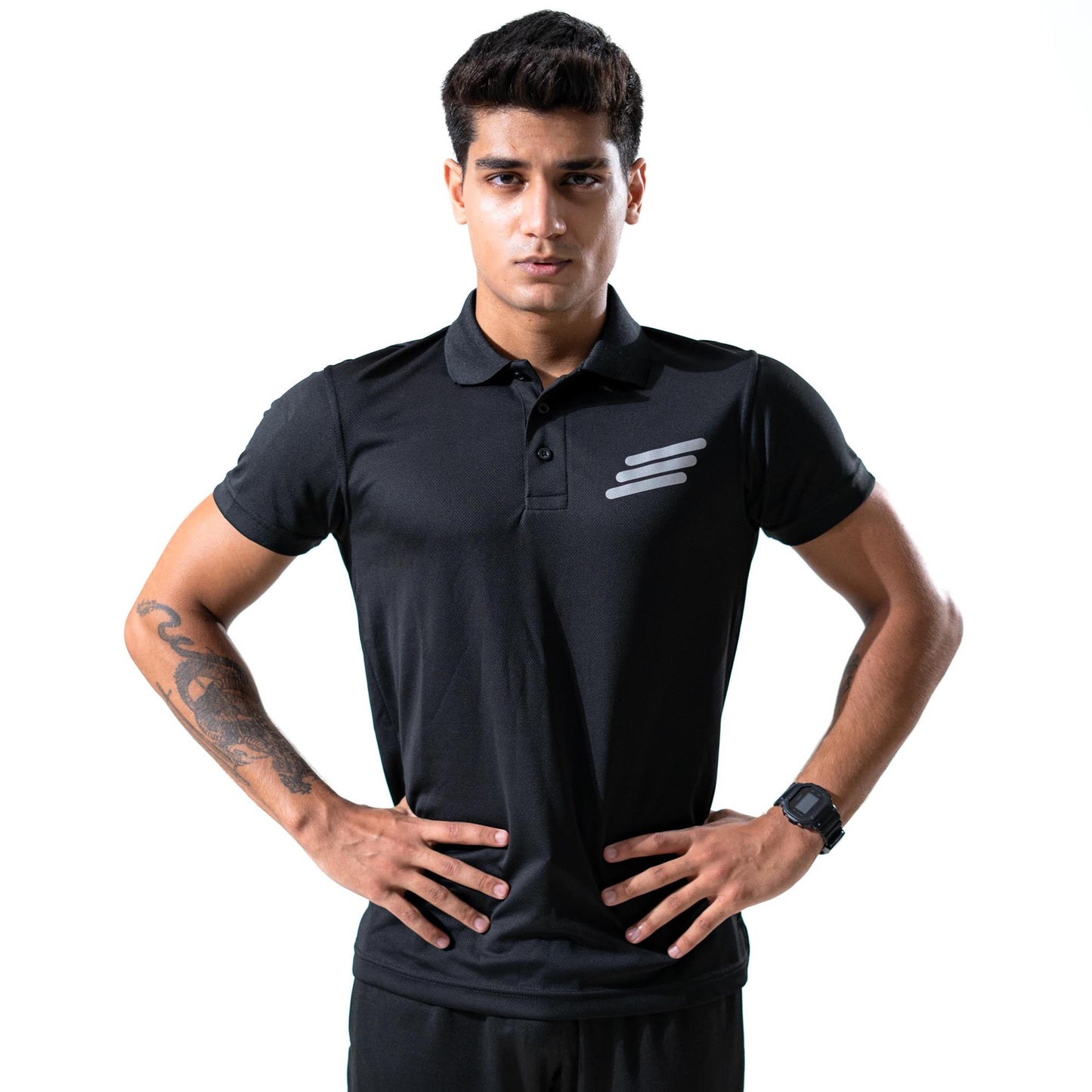 Polo Republica Men's Three Strips & PR Printed Activewear Polo Shirt