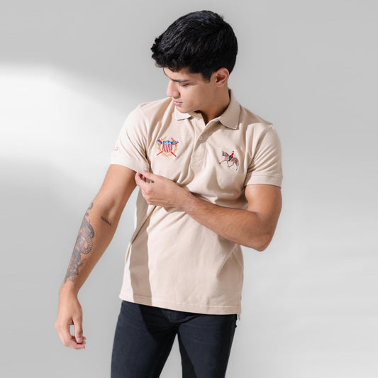 Polo Republica Men's Horse Rider & USA Crest Embroidered Short Sleeve Polo Shirt Men's Polo Shirt Polo Republica Beige S