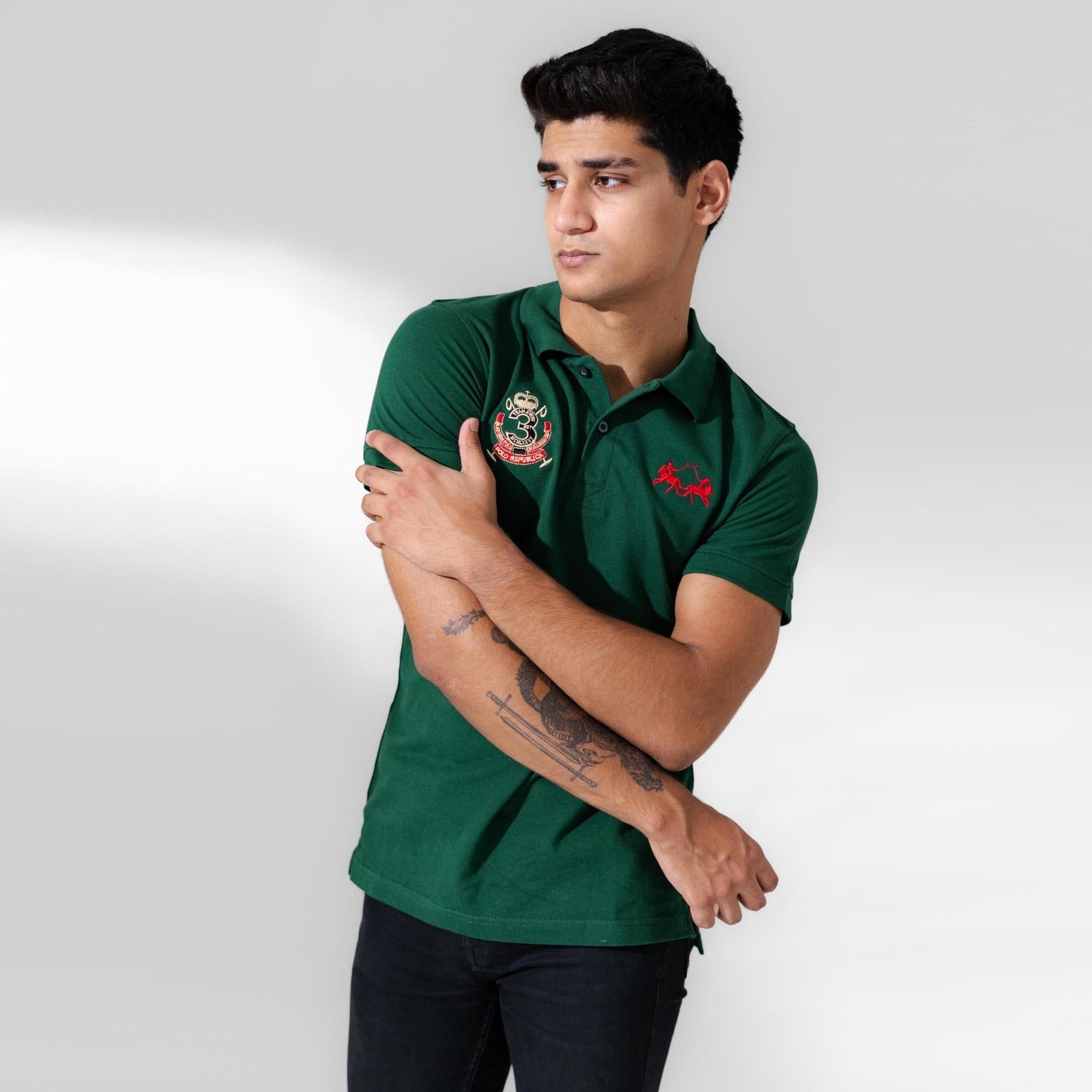 Polo Republica Men's Double Horse & 3 Emblem Embroidered Short Sleeve Polo Shirt Men's Polo Shirt Polo Republica Bottle Green S