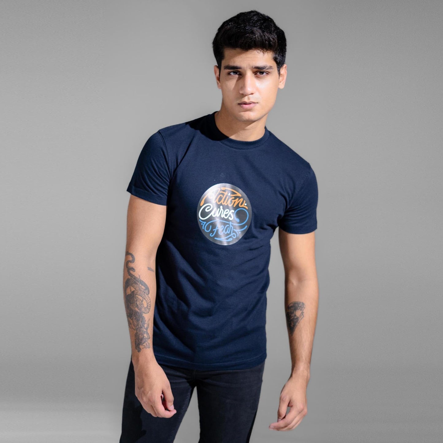 Polo Republica Men's Action Cures Fear Printed Crew Neck Tee Shirt Men's Tee Shirt Polo Republica Navy S