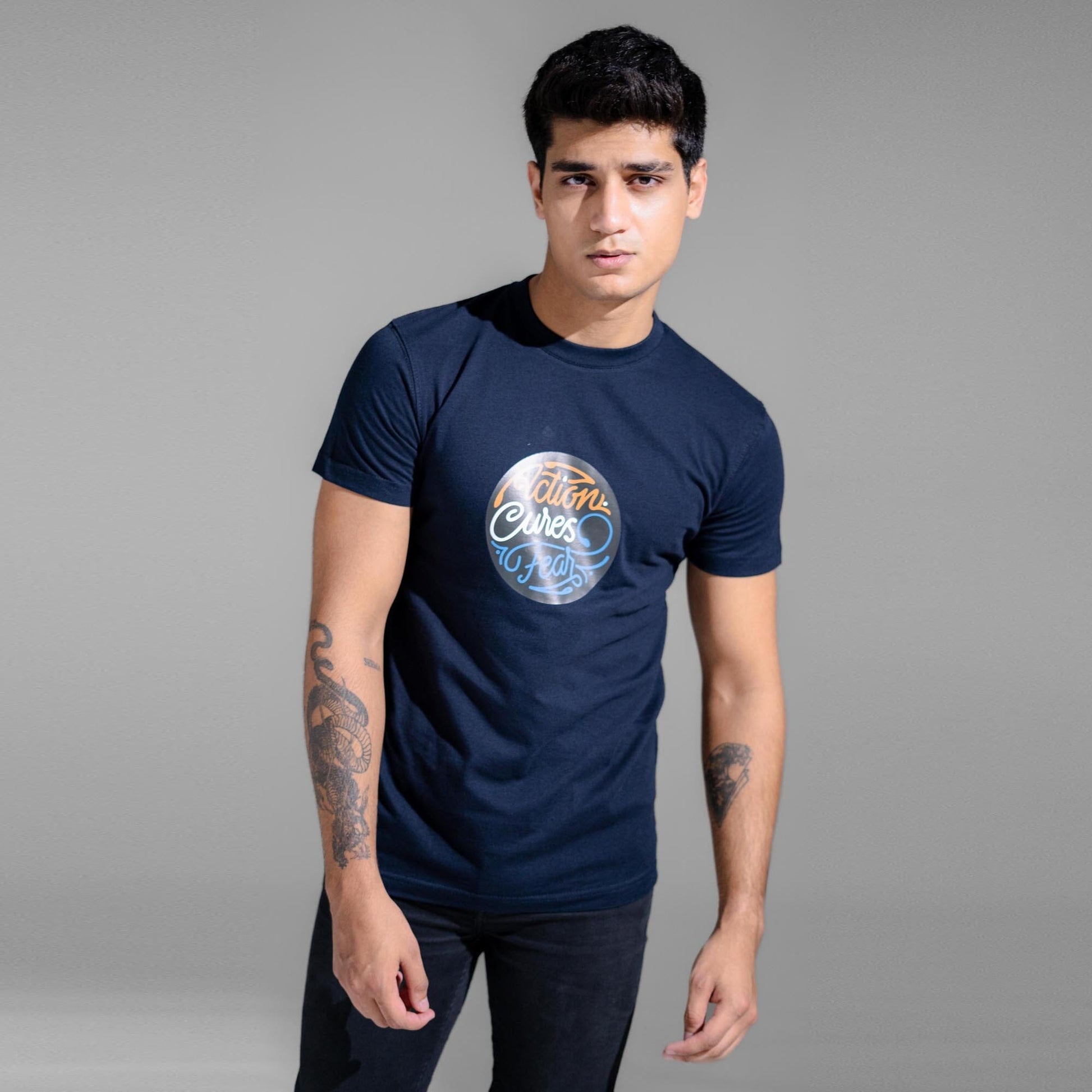 Polo Republica Men's Action Cures Fear Printed Crew Neck Tee Shirt Men's Tee Shirt Polo Republica Navy S