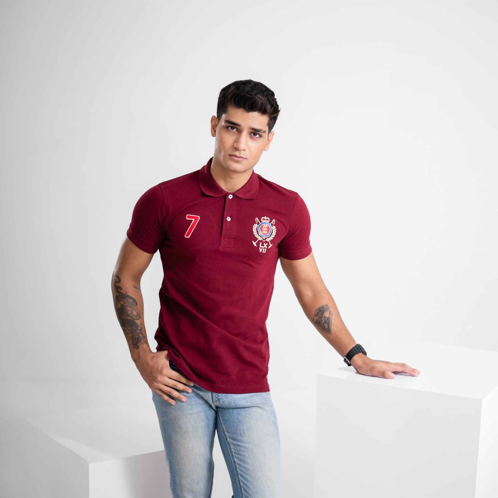 Polo Republica Men's Emblem & 7 Embroidered Short Sleeve Polo Shirt Men's Polo Shirt Polo Republica Maroon S
