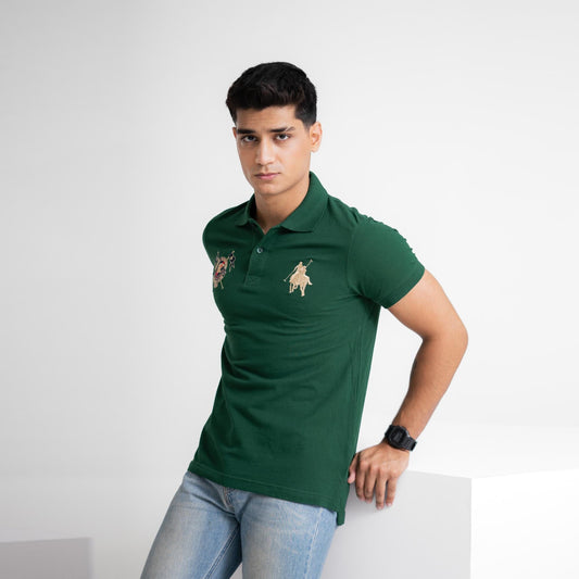 Polo Republica Men's Double Horse & PRC Crest Embroidered Short Sleeve Polo Shirt Men's Polo Shirt Polo Republica Bottle Green S