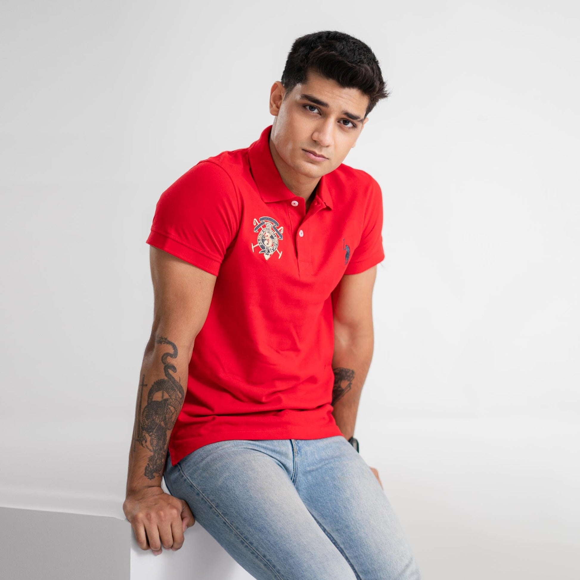 Polo Republica Men's Signature Pony & Crest Embroidered Short Sleeve Polo Shirt Men's Polo Shirt Polo Republica Red S