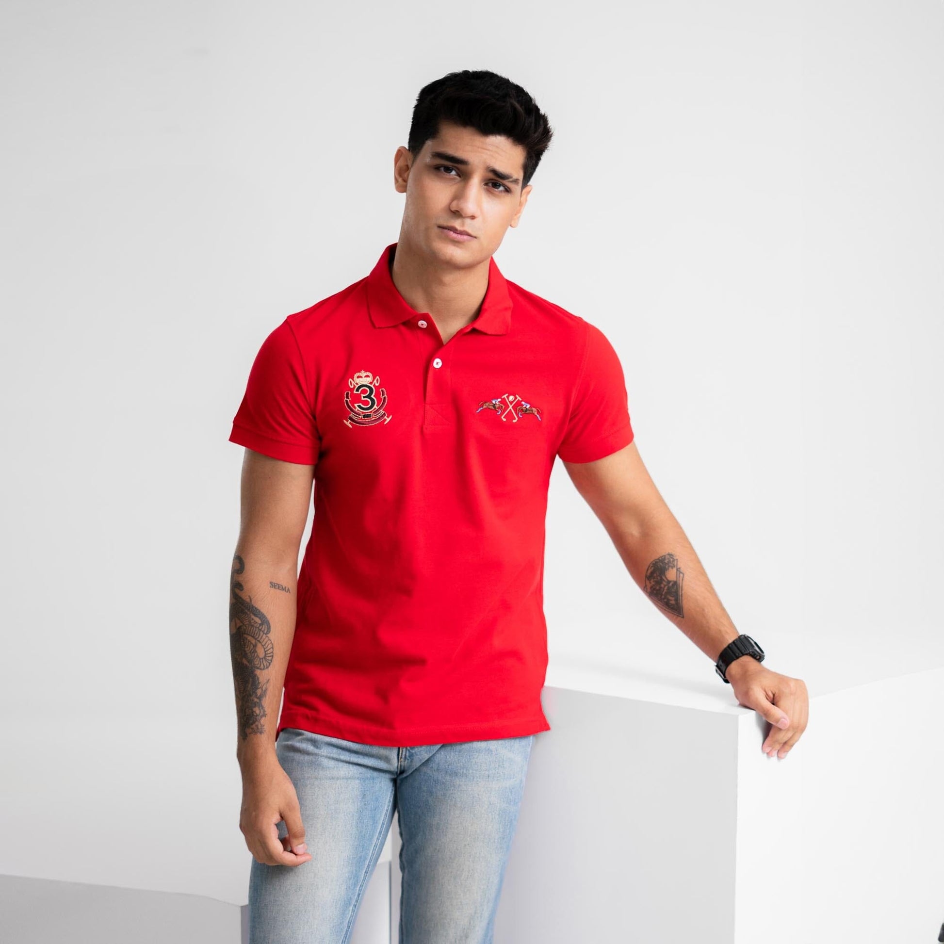 Polo Republica Men's Double Pony & 3 Crest Embroidered Short Sleeve Polo Shirt Men's Polo Shirt Polo Republica Red S