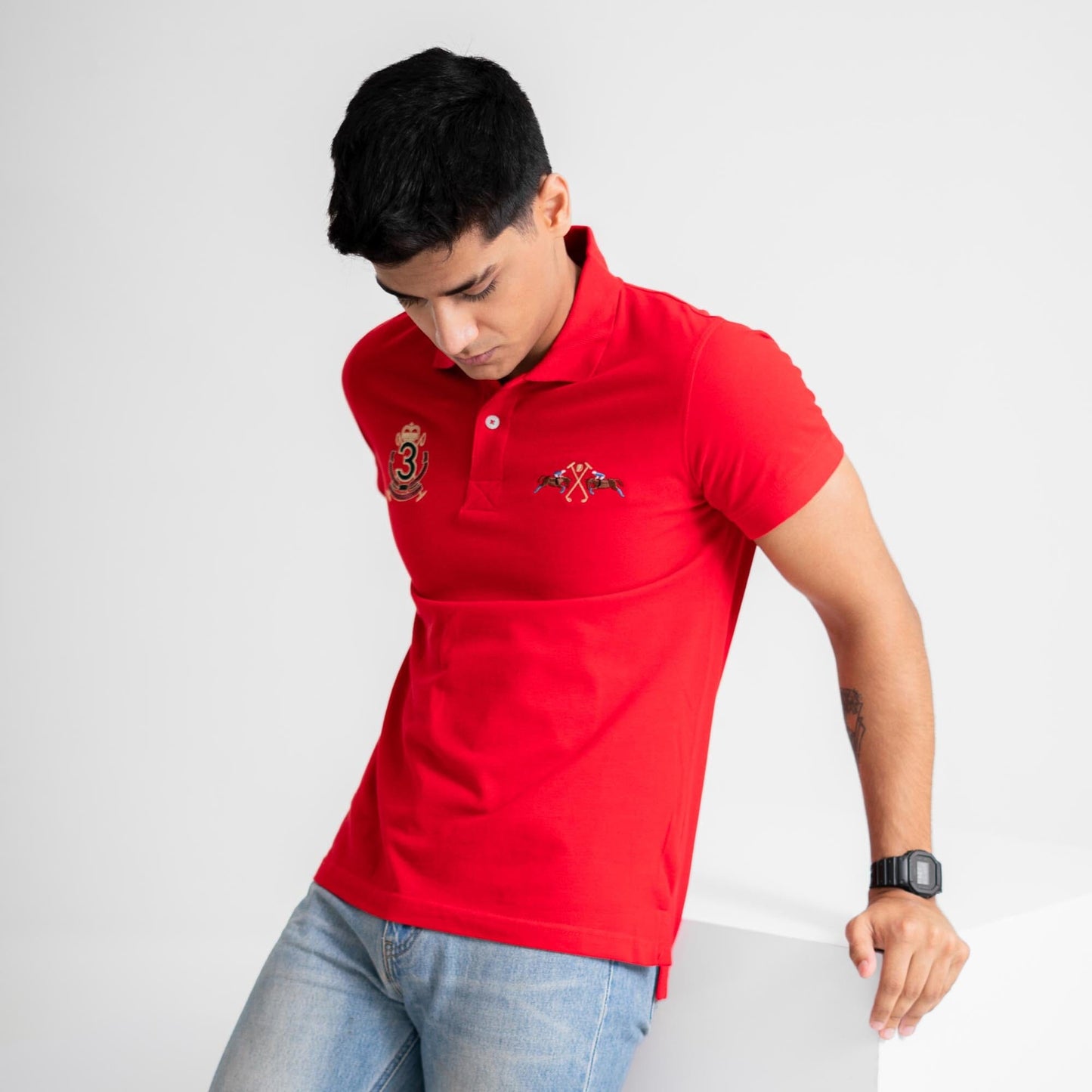 Polo Republica Men's Double Pony & 3 Crest Embroidered Short Sleeve Polo Shirt Men's Polo Shirt Polo Republica