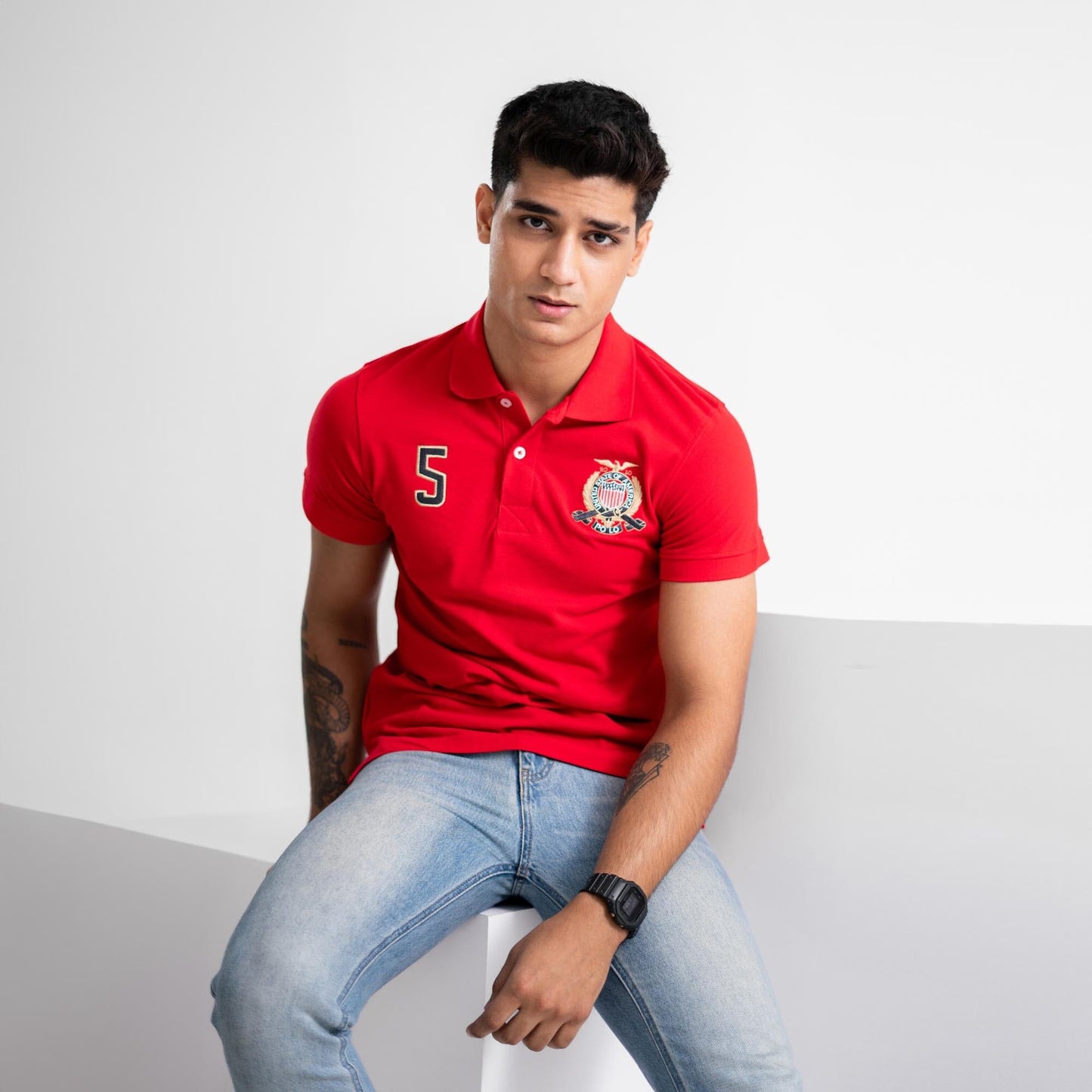 Polo Republica Men's USA Polo Crest & 5 Embroidered Short Sleeve Polo Shirt Men's Polo Shirt Polo Republica Red S