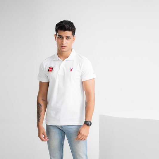 Polo Republica Men's Deer & Flag Crest Embroidered Short Sleeve Polo Shirt Men's Polo Shirt Polo Republica White S