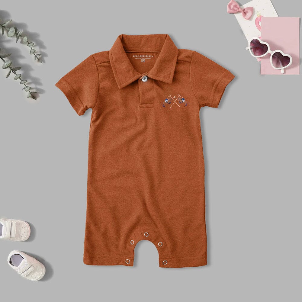 Polo Republica Double Pony Printed Design Short Sleeve Baby Romper Romper Polo Republica Orange 0-3 Months