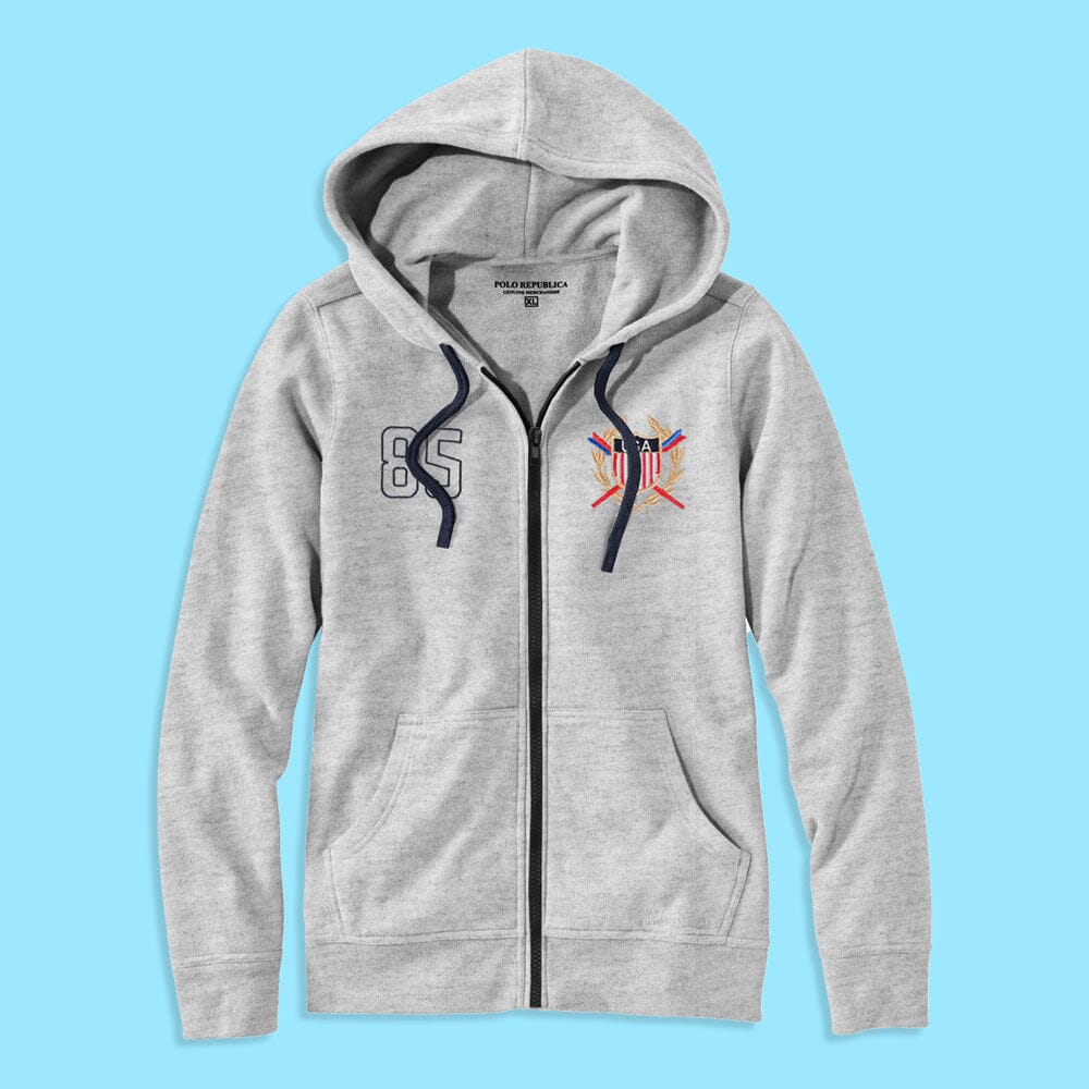 Polo Republica Men's USA Crest & 85 Embroidered Zipper Hoodie Men's Zipper Hoodie Polo Republica Heather Grey S